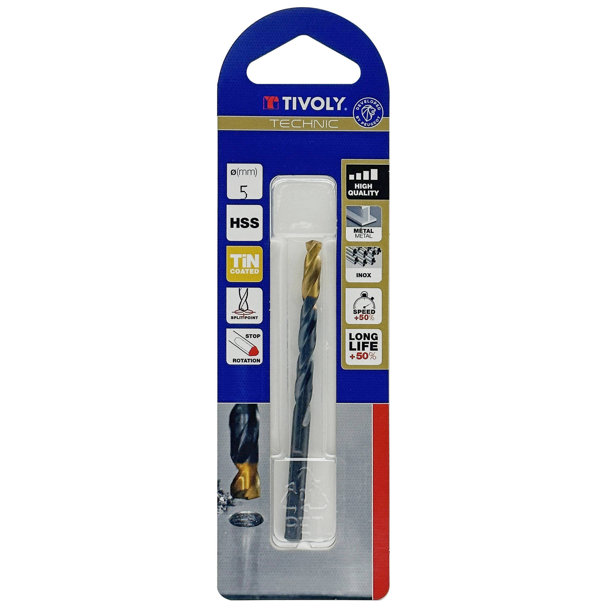 Ø: 5 / L: 86 / Broca para metal HSS -Recubrimiento de la punta con TiN -Afilado SPLIT POINT -Mango de 3 caras (Blíster)