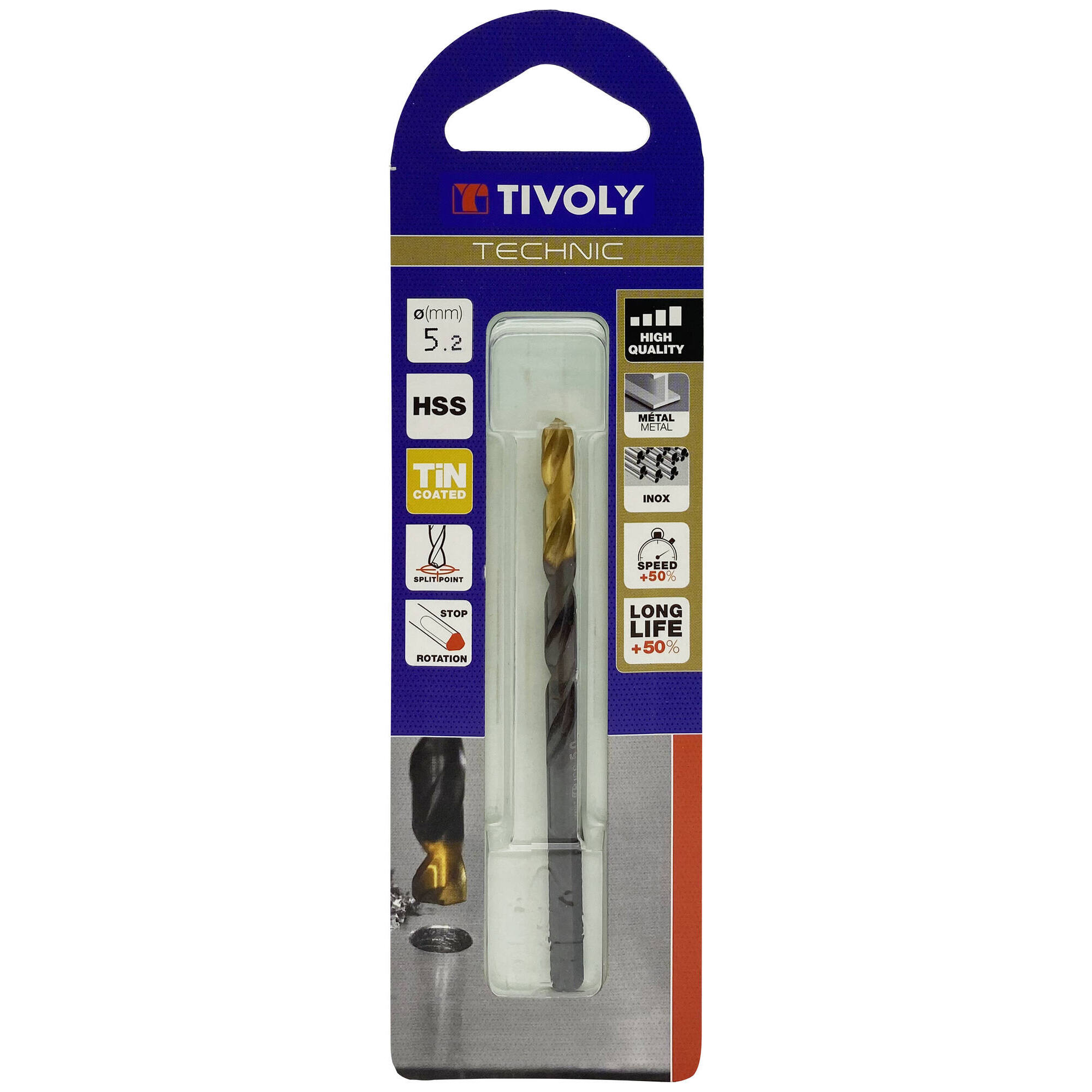 Ø: 5.2 / L: 86 / Broca para metal HSS -Recubrimiento de la punta con TiN -Afilado SPLIT POINT -Mango de 3 caras (Blíster)