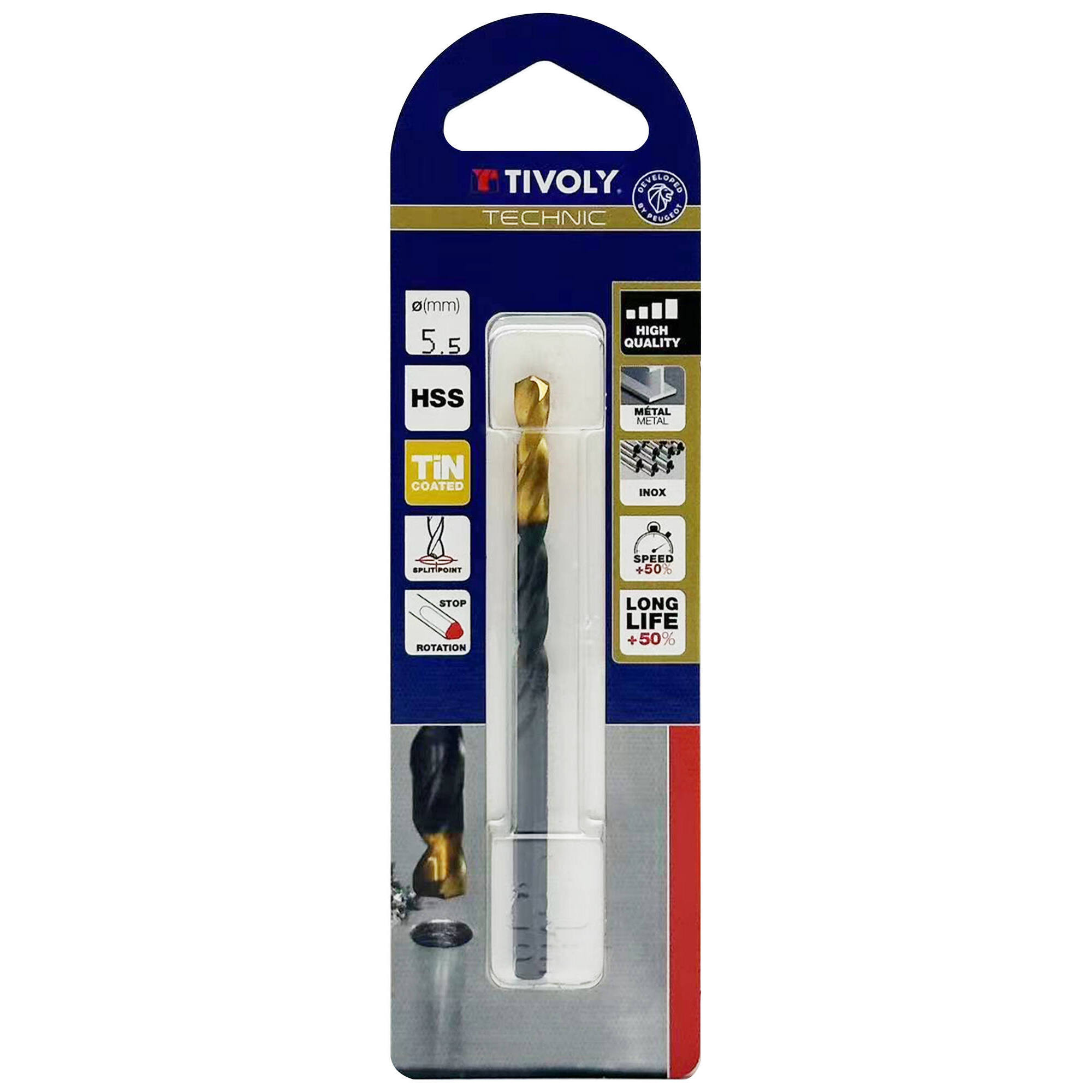 Ø: 5.5 / L: 93 / Broca para metal HSS -Recubrimiento de la punta con TiN -Afilado SPLIT POINT -Mango de 3 caras (Blíster)