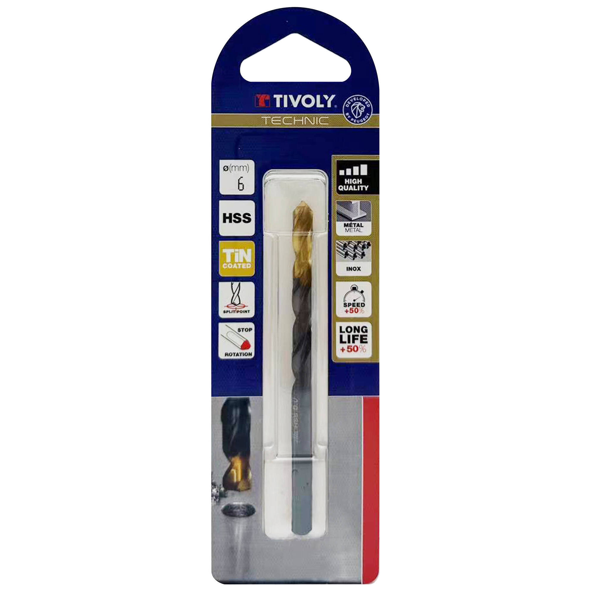 Ø: 6 / L: 93 / Broca para metal HSS -Recubrimiento de la punta con TiN -Afilado SPLIT POINT -Mango de 3 caras (Blíster)