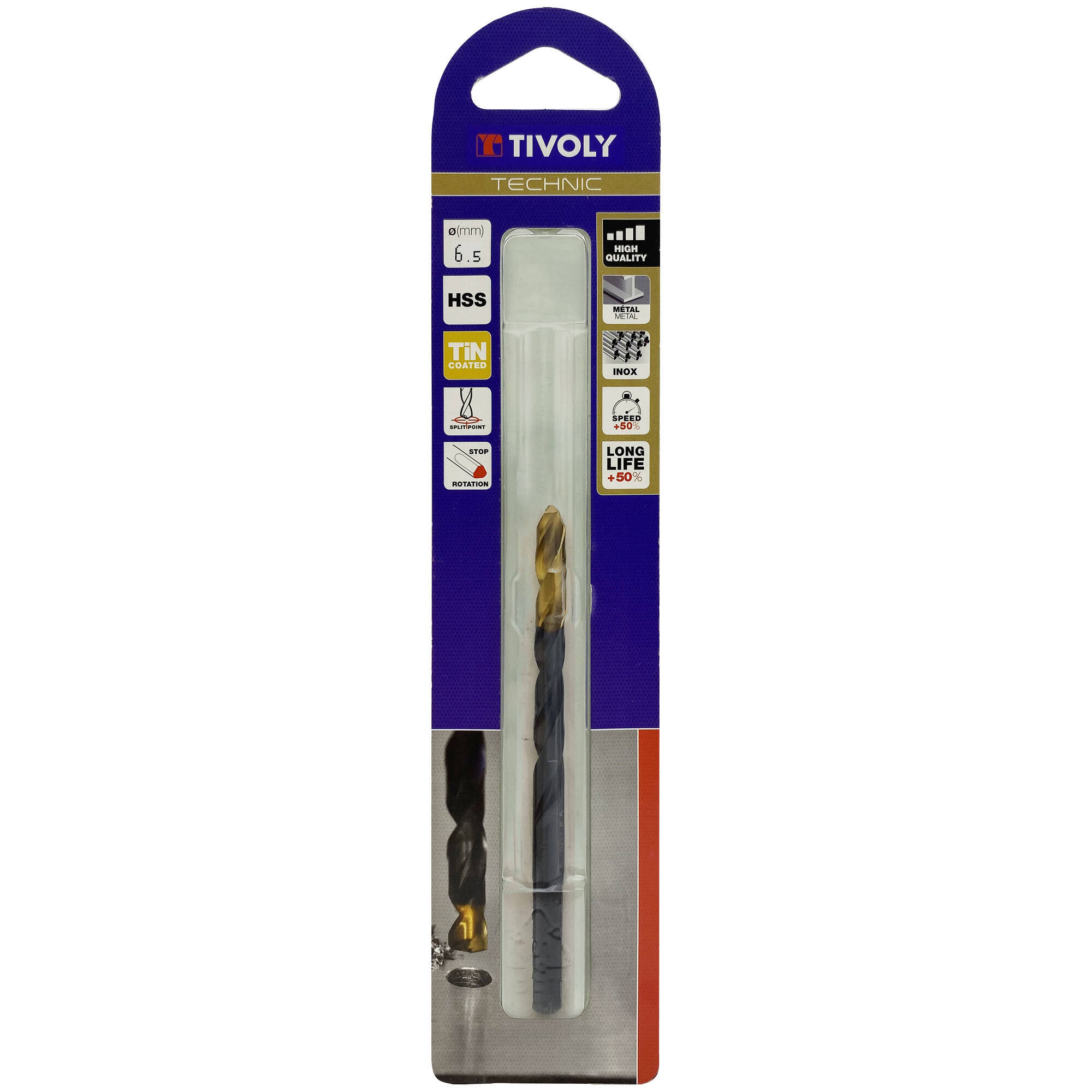 Ø: 6.5 / L: 101 / Broca para metal HSS -Recubrimiento de la punta con TiN -Afilado SPLIT POINT -Mango de 3 caras (Blíster)