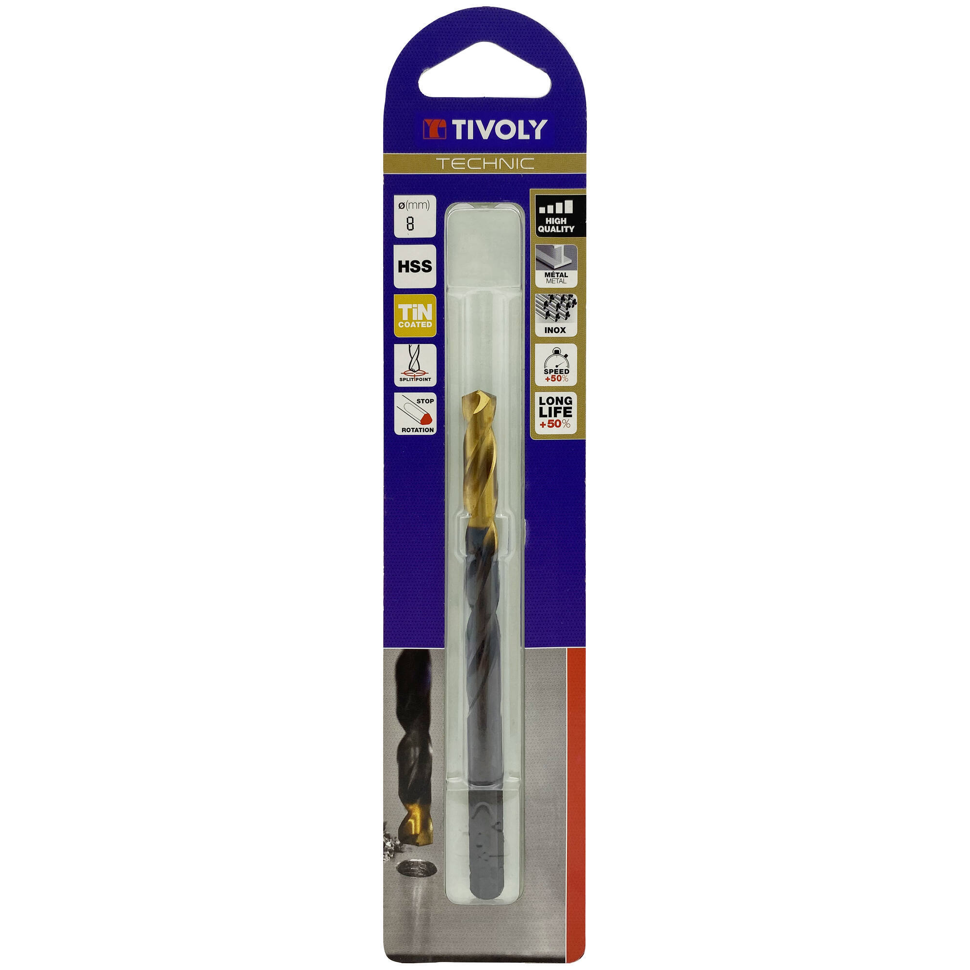 Ø: 8 / L: 117 / Broca para metal HSS -Recubrimiento de la punta con TiN -Afilado SPLIT POINT -Mango de 3 caras (Blíster)