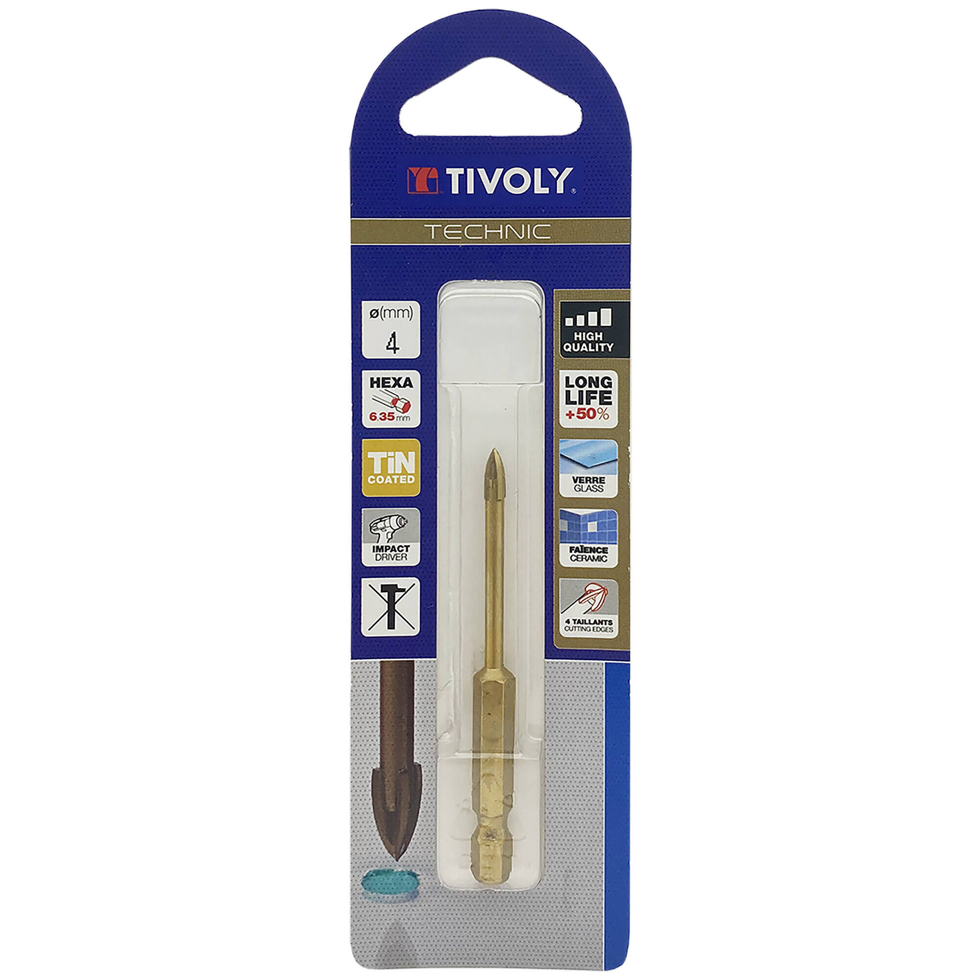 Ø: 4 / Broca para vidrio 4 cortes -Recubrimiento TiN -Mango hexagonal (Blíster) / L: 65