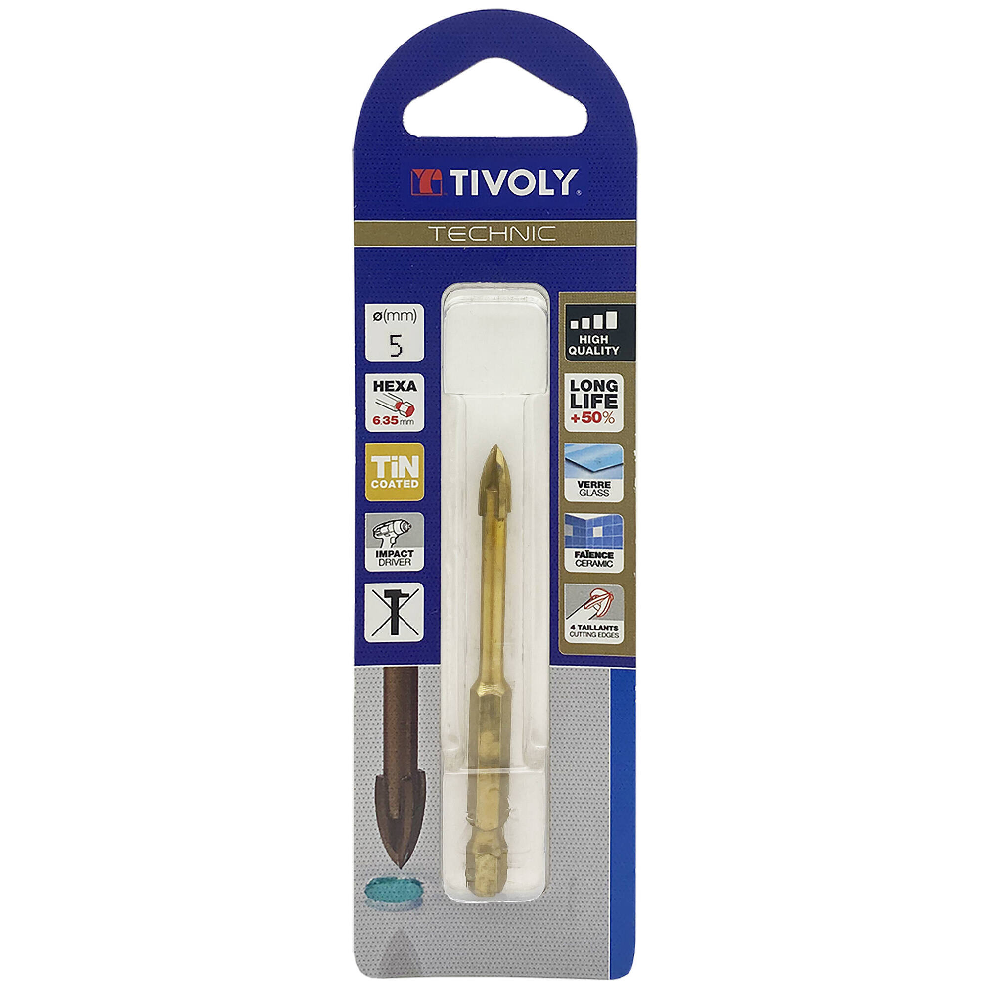 Ø: 5 / Broca para vidrio 4 cortes -Recubrimiento TiN -Mango hexagonal (Blíster) / L: 65