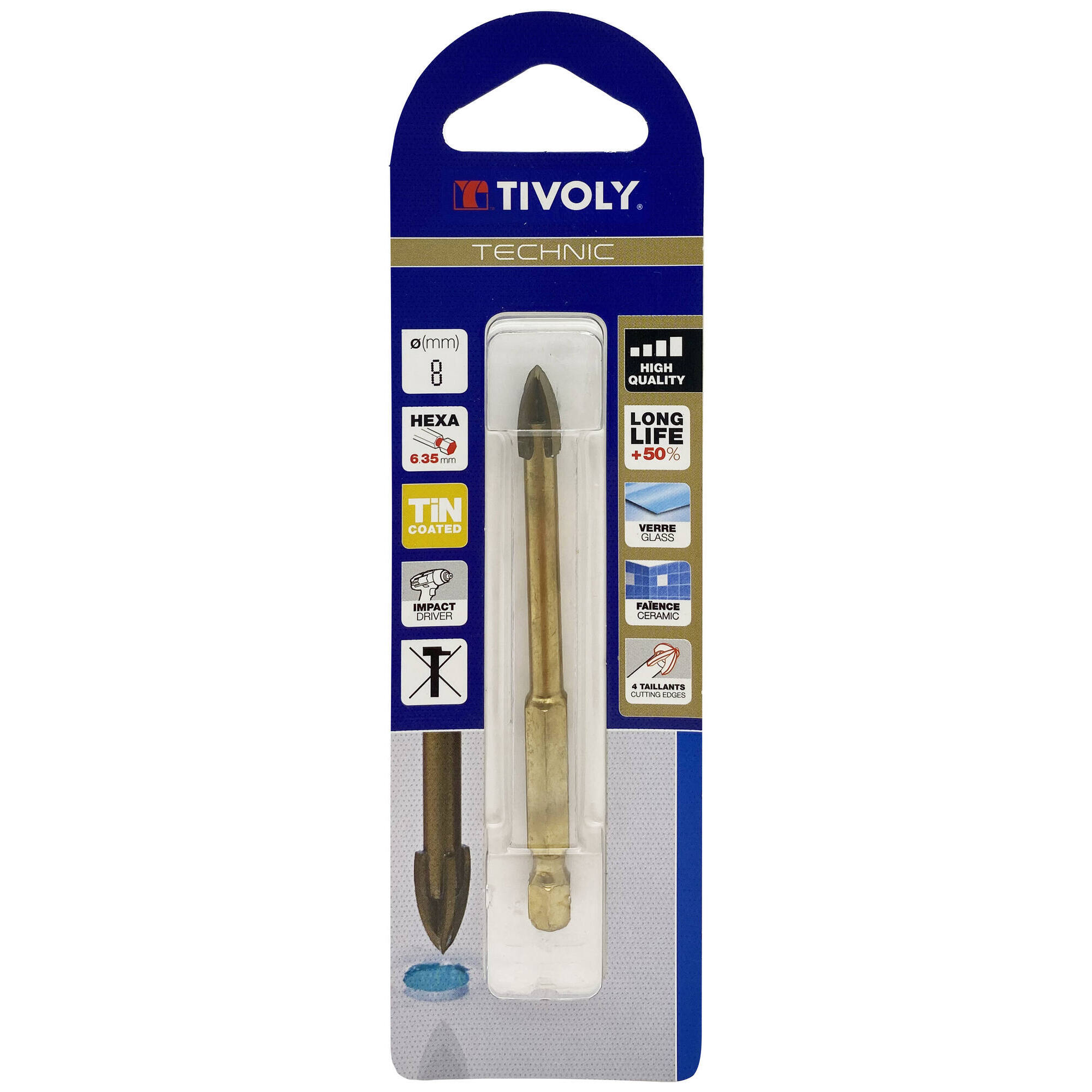 Ø: 8 / Broca para vidrio 4 cortes -Recubrimiento TiN -Mango hexagonal (Blíster) / L: 70