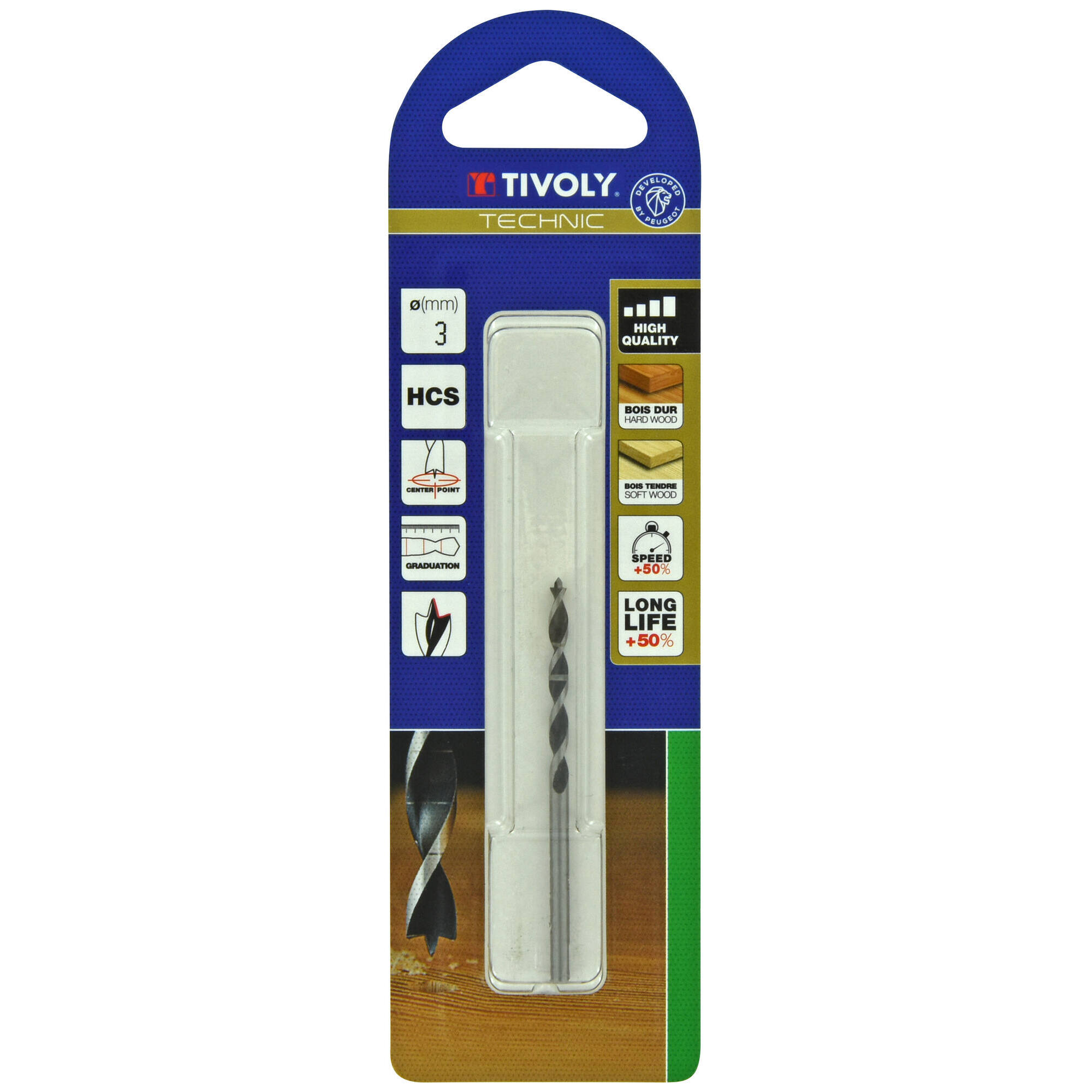 Ø: 3 / Broca para madera de 3 puntas -Mango cilíndrico -Graduada SLR (Blíster) / L: 61