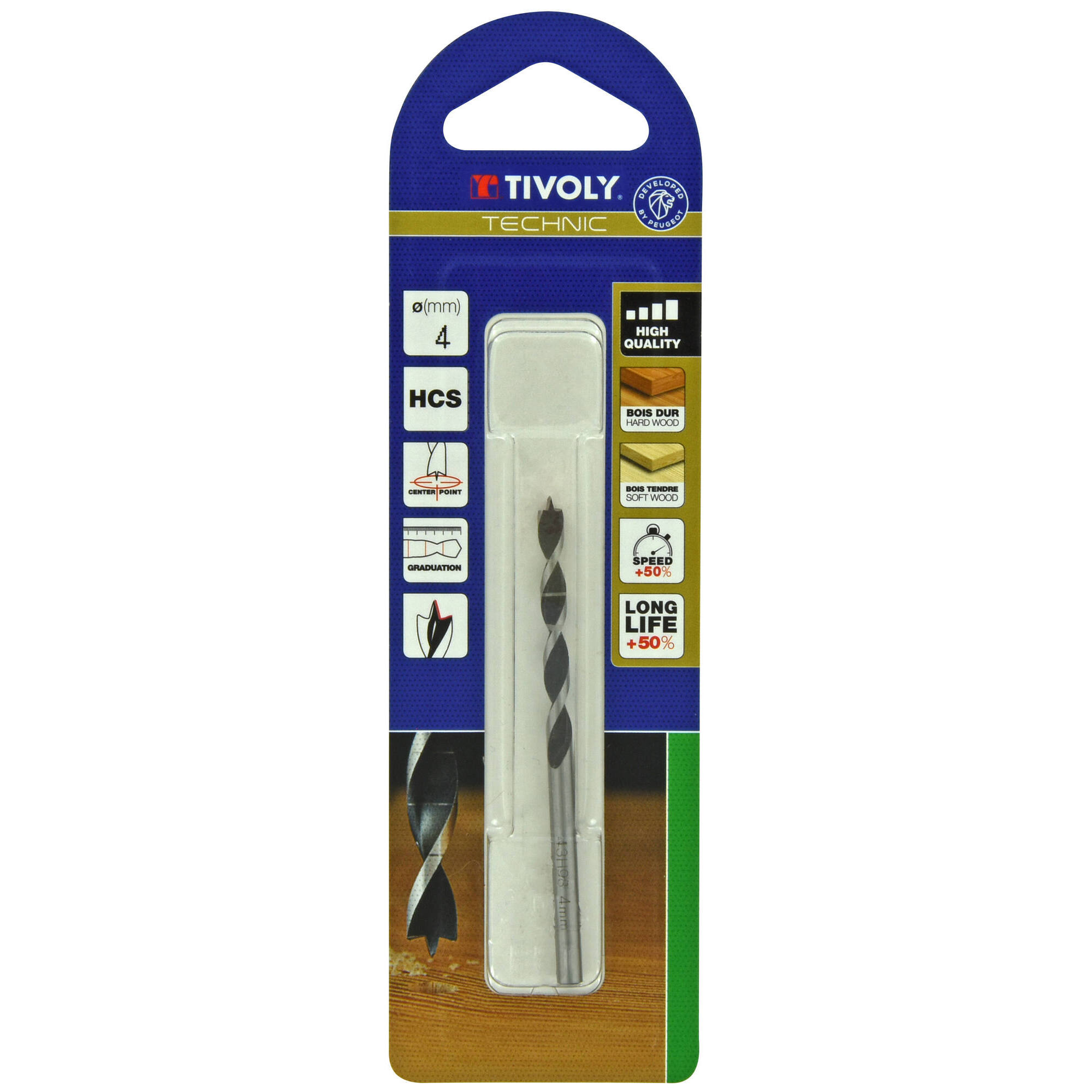 Ø: 4 / Broca para madera de 3 puntas -Mango cilíndrico -Graduada SLR (Blíster) / L: 75