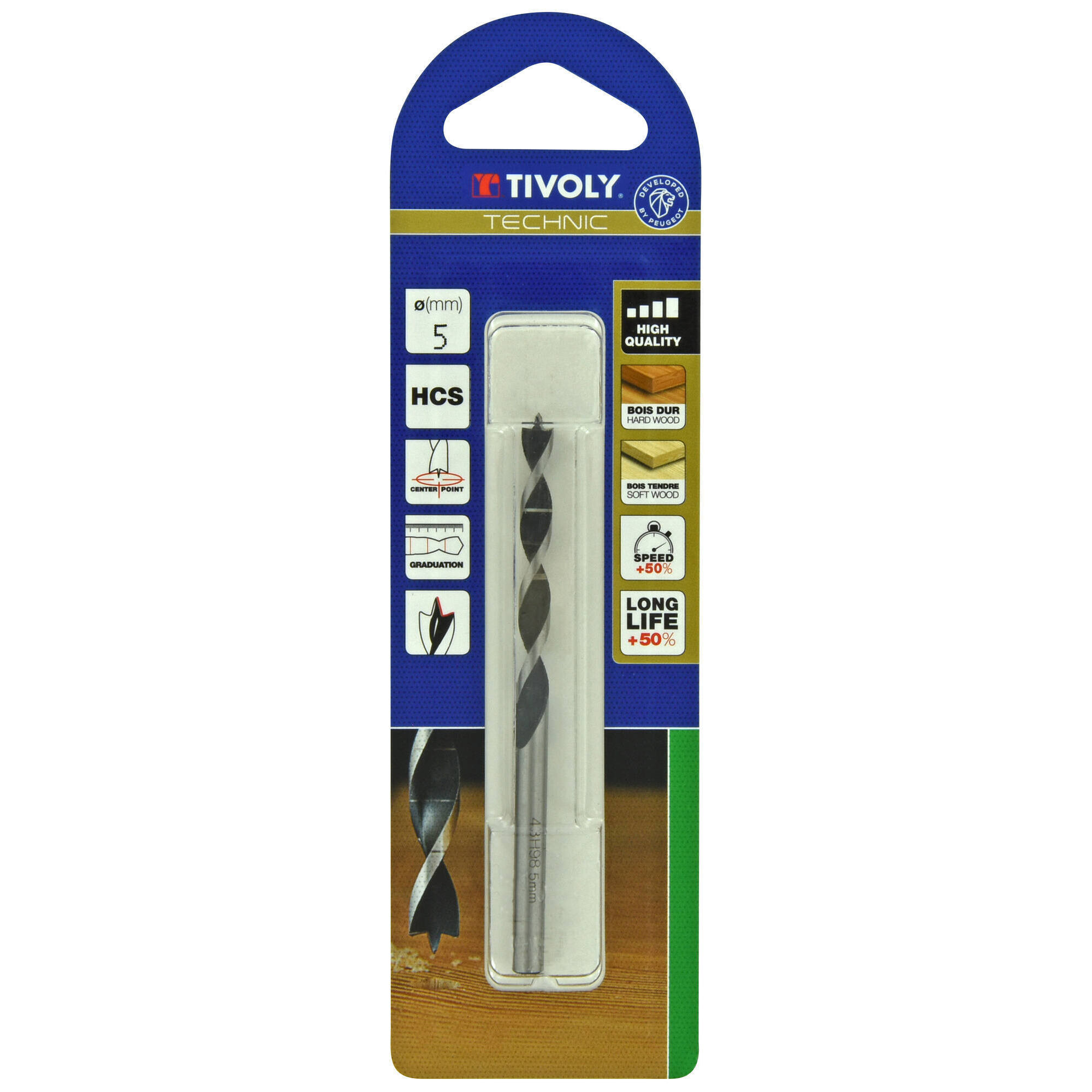 Ø: 5 / Broca para madera de 3 puntas -Mango cilíndrico -Graduada SLR (Blíster) / L: 86