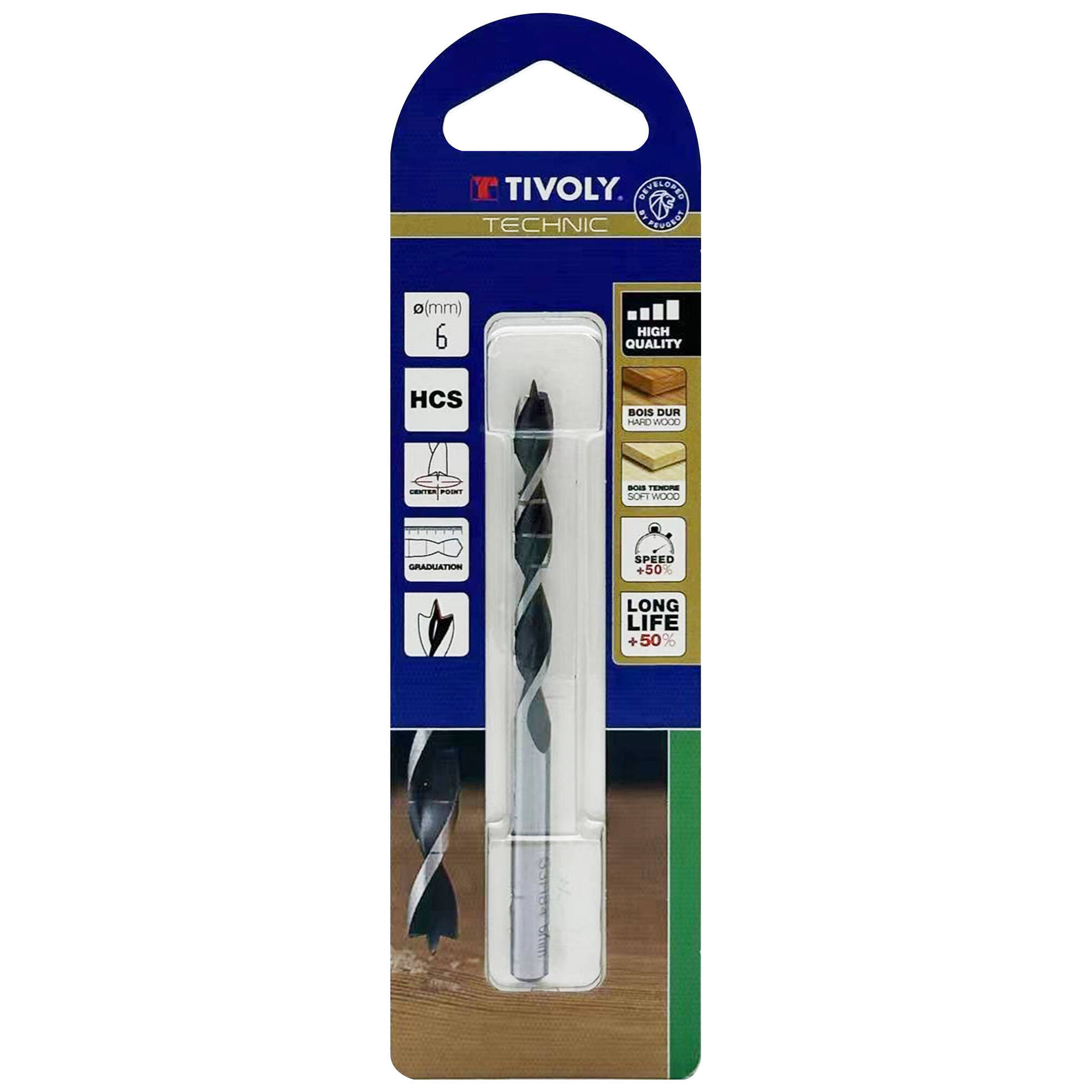 Ø: 6 / Broca para madera de 3 puntas -Mango cilíndrico -Graduada SLR (Blíster) / L: 93