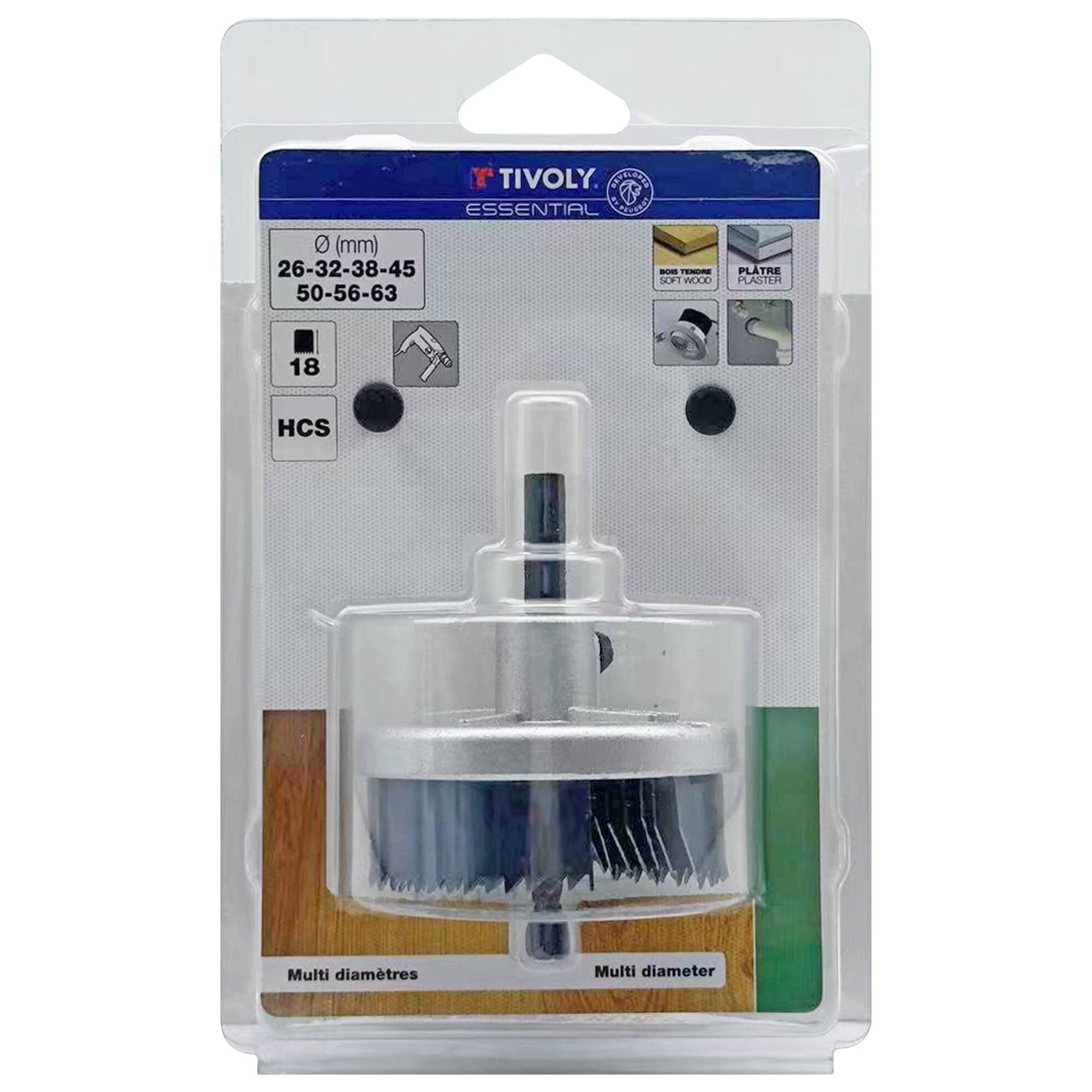 Ø: 25-32-38-45-50-56-62 / Sierra de corona HCS multihojas (Estuche blíster) / H: 18