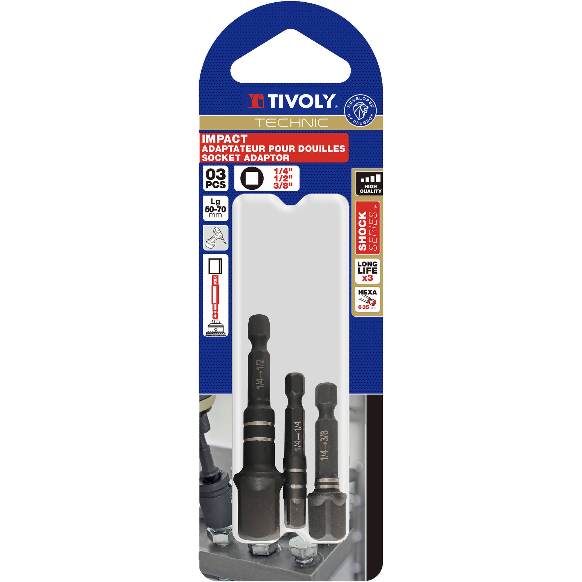 3 adaptadores hexagonales de 6,35 mm IMPACTO para llaves de vaso cuadradas H 1/2"- 1/4'' - 3/8"