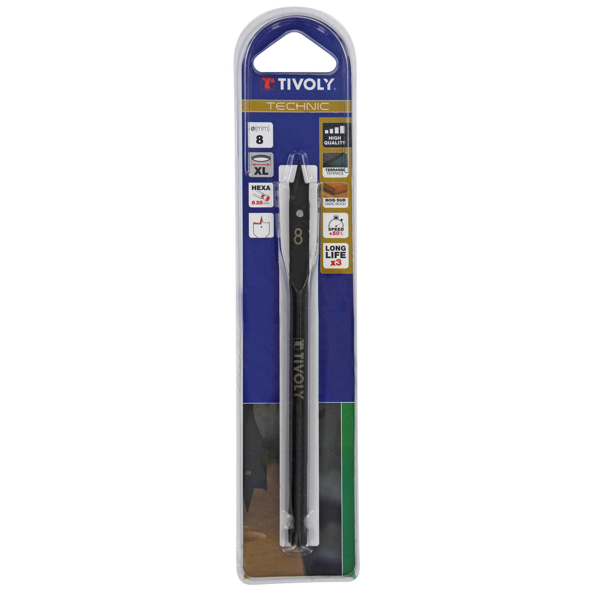 Ø: 8 / Broca plana para madera -Mango hexagonal -Cuerpo reforzado (Blíster) / L: 149