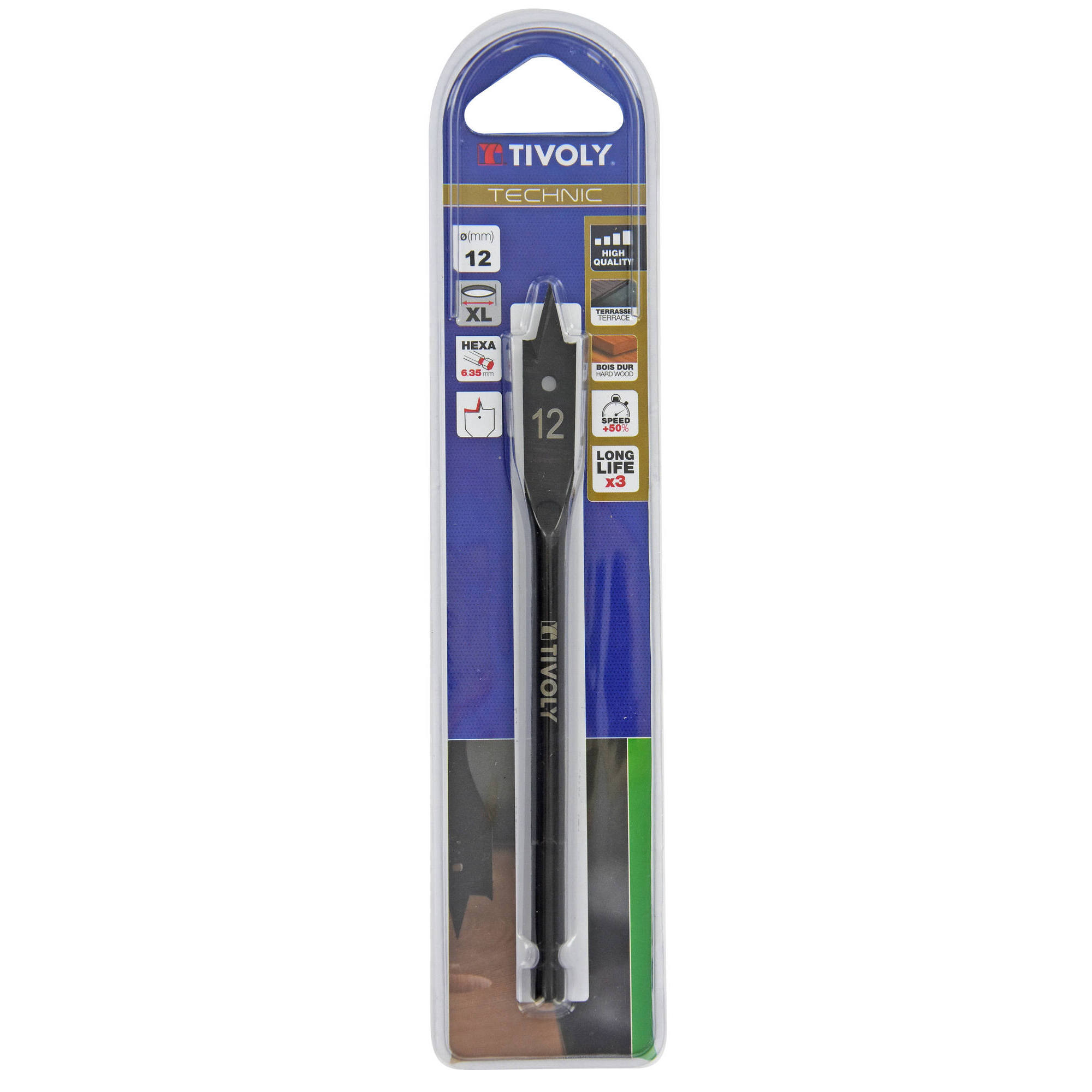 Ø: 12 / Broca plana para madera -Mango hexagonal -Cuerpo reforzado (Blíster) / L: 152