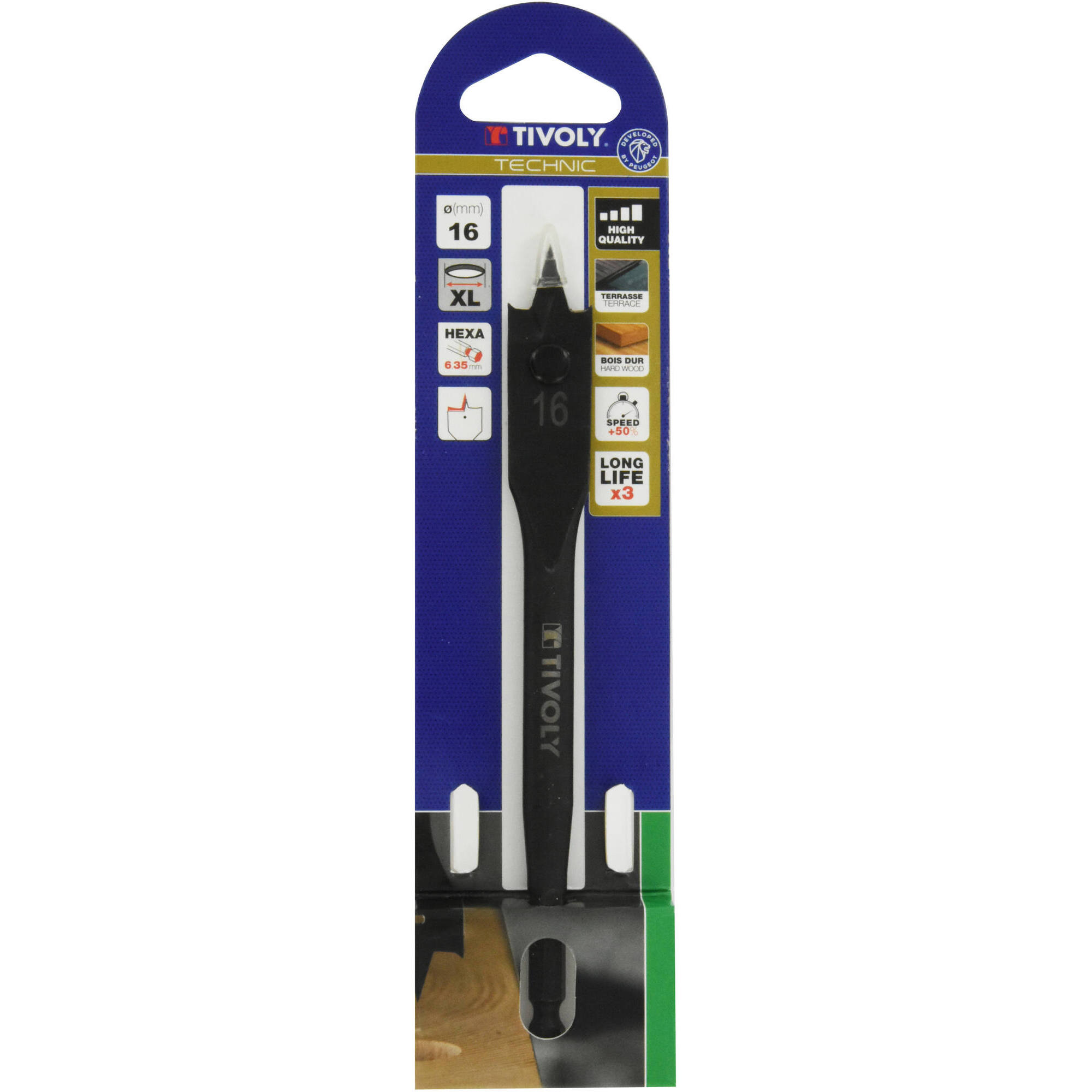 Ø: 16 / Broca plana para madera -Mango hexagonal -Cuerpo reforzado (Blíster) / L: 152