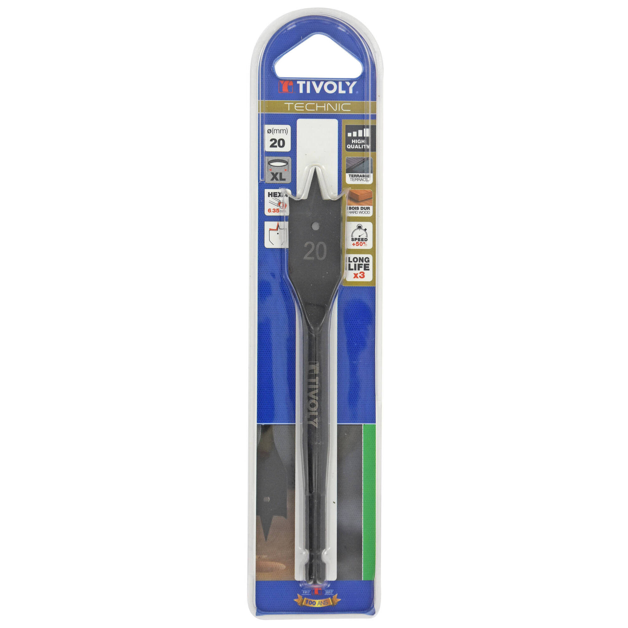 Ø: 20 / Broca plana para madera -Mango hexagonal -Cuerpo reforzado (Blíster) / L: 152