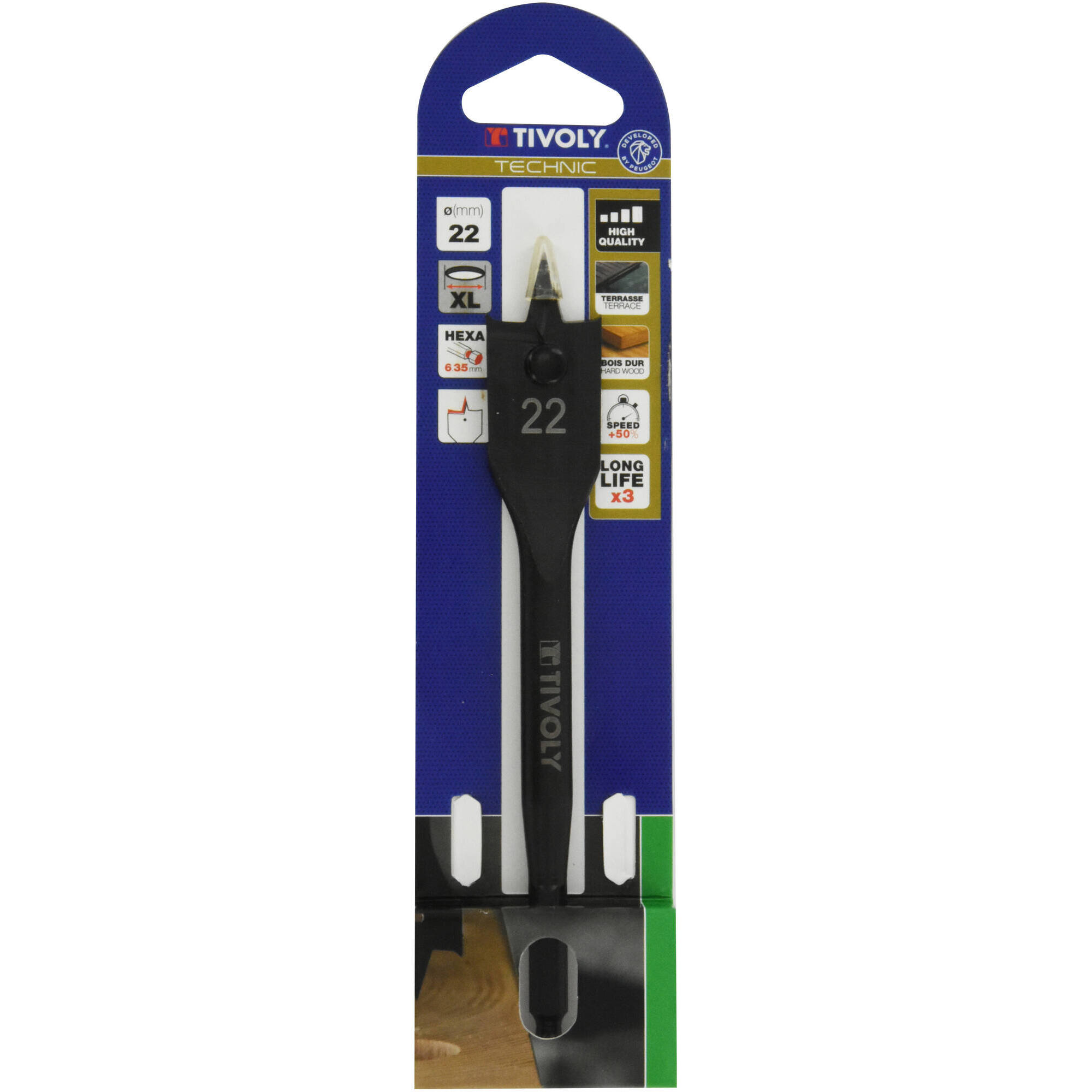 Ø: 22 / Broca plana para madera -Mango hexagonal -Cuerpo reforzado (Blíster) / L: 158