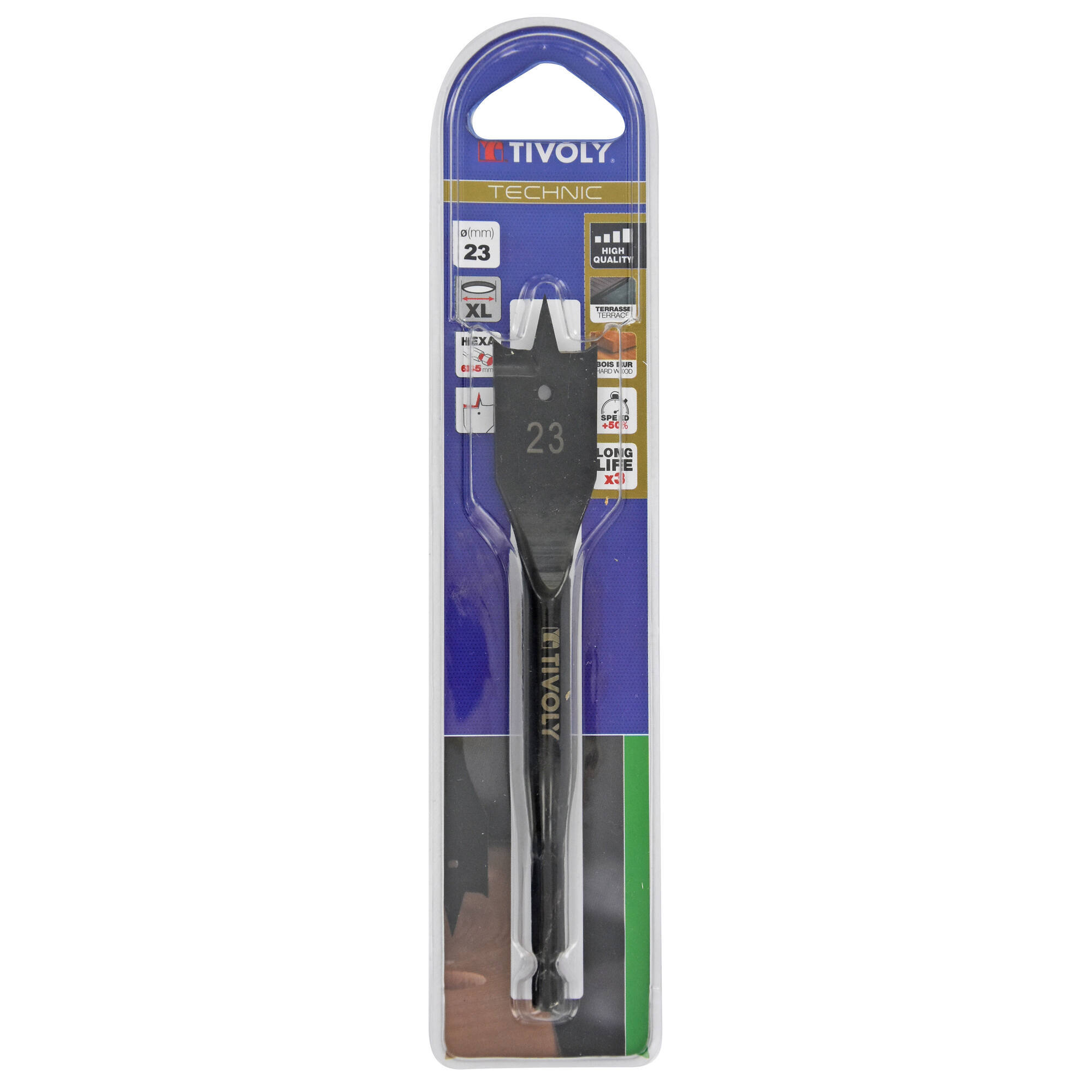 Ø: 23 / Broca plana para madera -Mango hexagonal -Cuerpo reforzado (Blíster) / L: 158