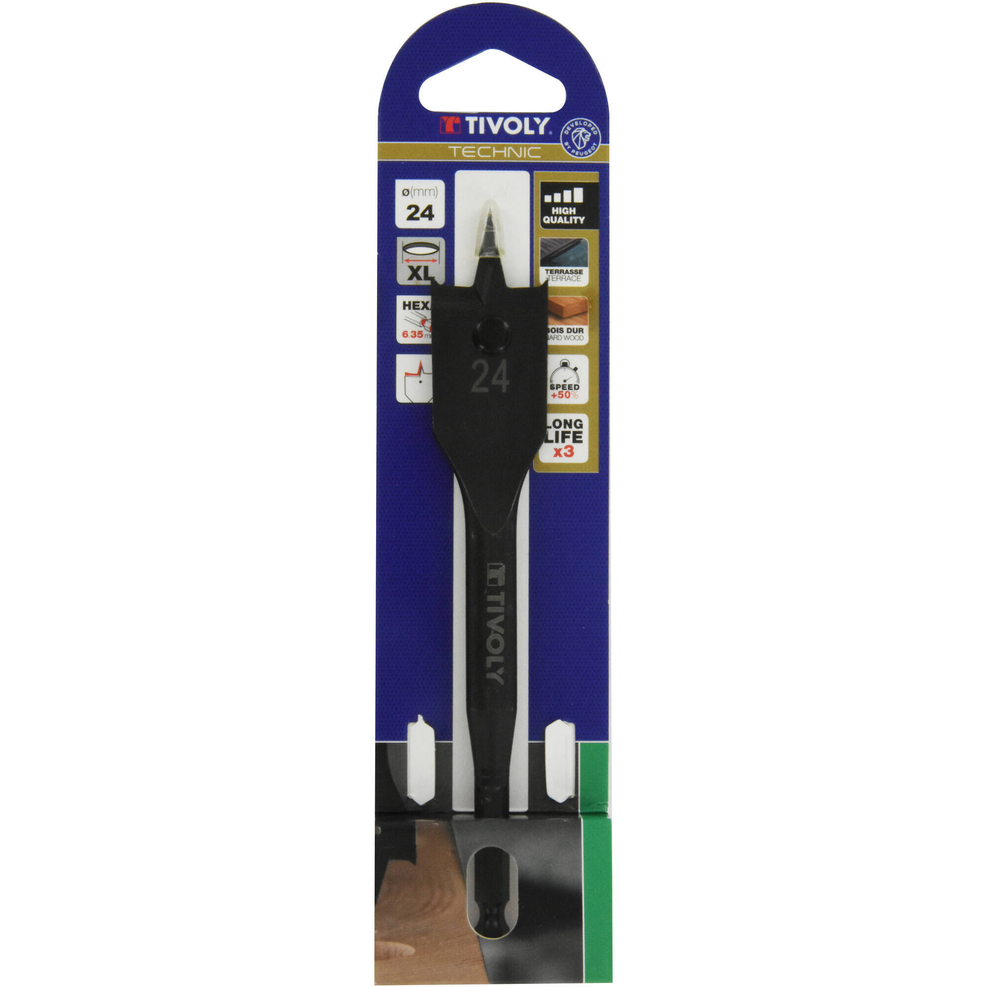 Ø: 24 / Broca plana para madera -Mango hexagonal -Cuerpo reforzado (Blíster) / L: 158