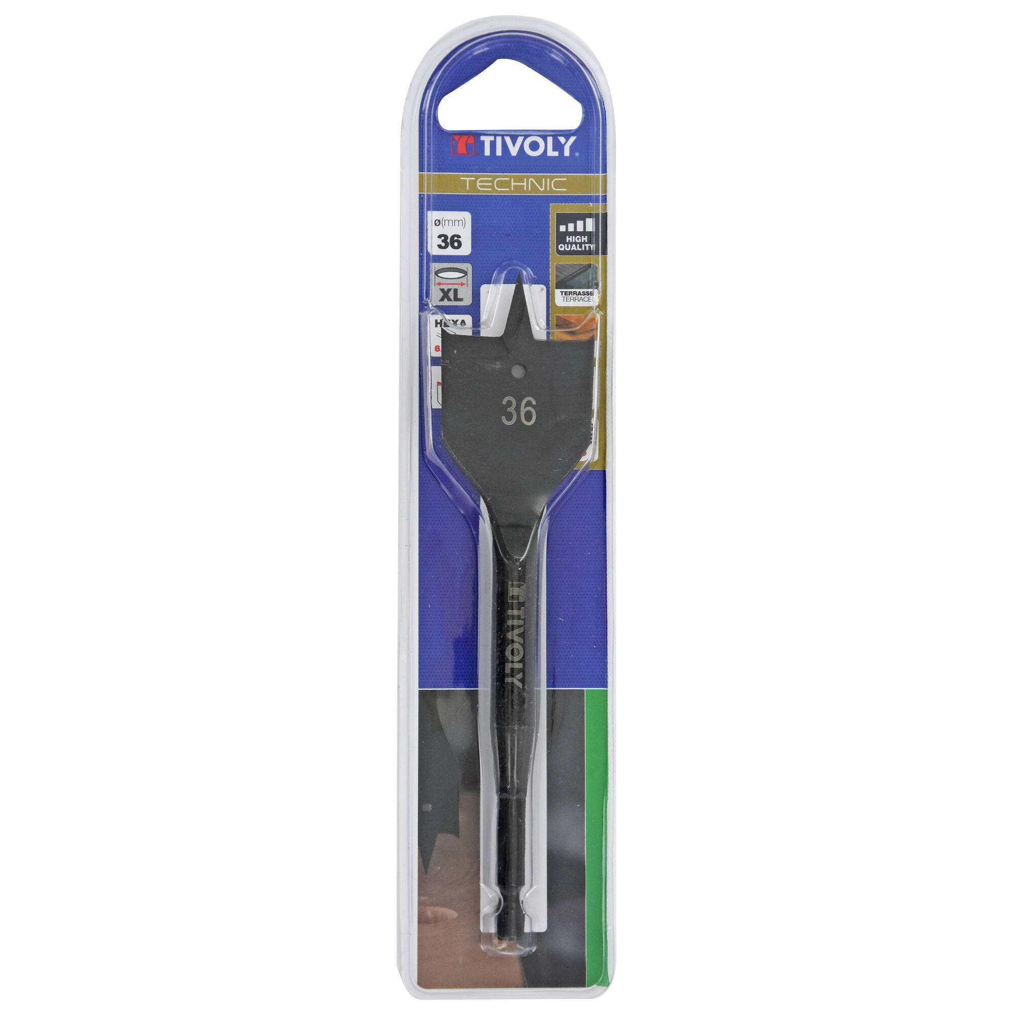 Ø: 36 / Broca plana para madera -Mango hexagonal -Cuerpo reforzado (Blíster) / L: 164