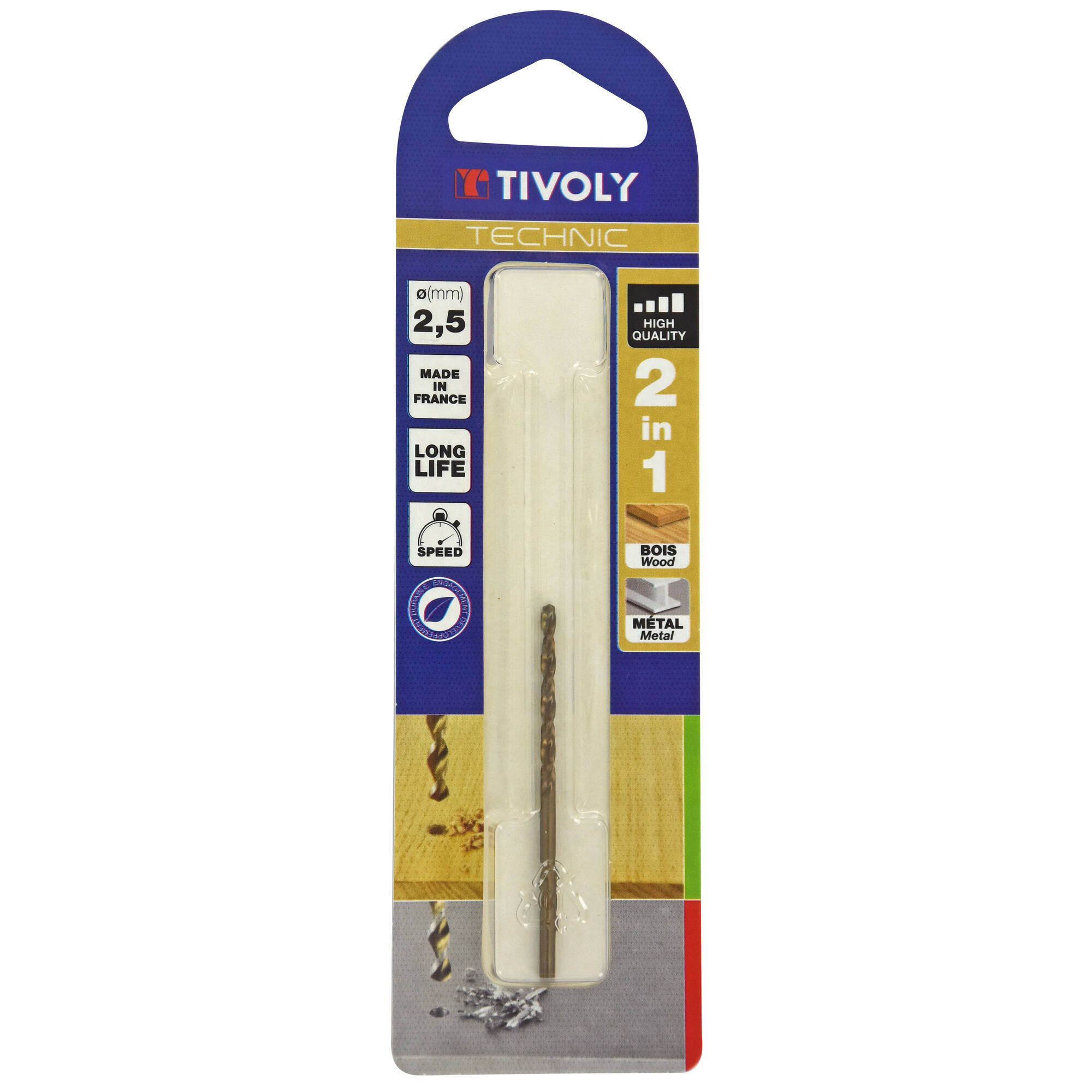 Ø: 2.5 / Broca 2 en 1 HSS para madera y metal -Punta en cruz -Ranuras de gran desalojo (Blíster) / L: 57