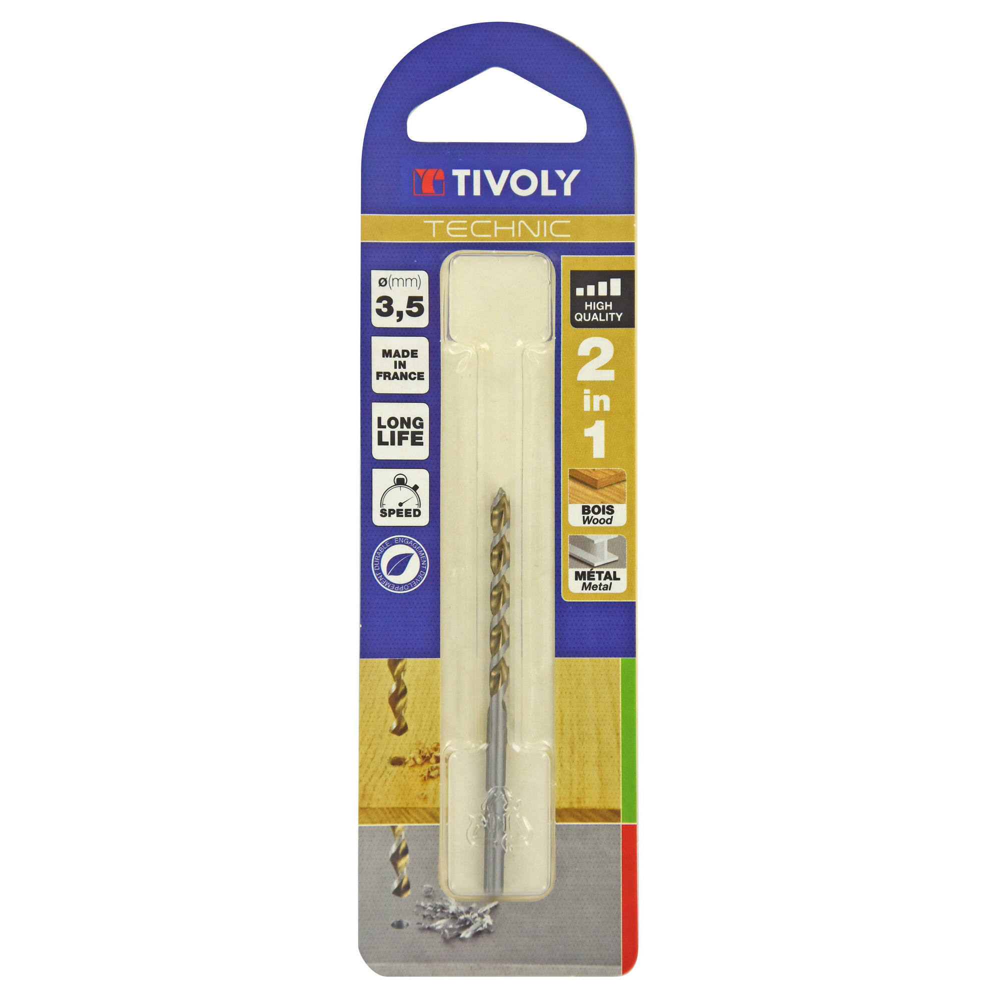 Ø: 3.5 / Broca 2 en 1 HSS para madera y metal -Punta en cruz -Ranuras de gran desalojo (Blíster) / L: 70