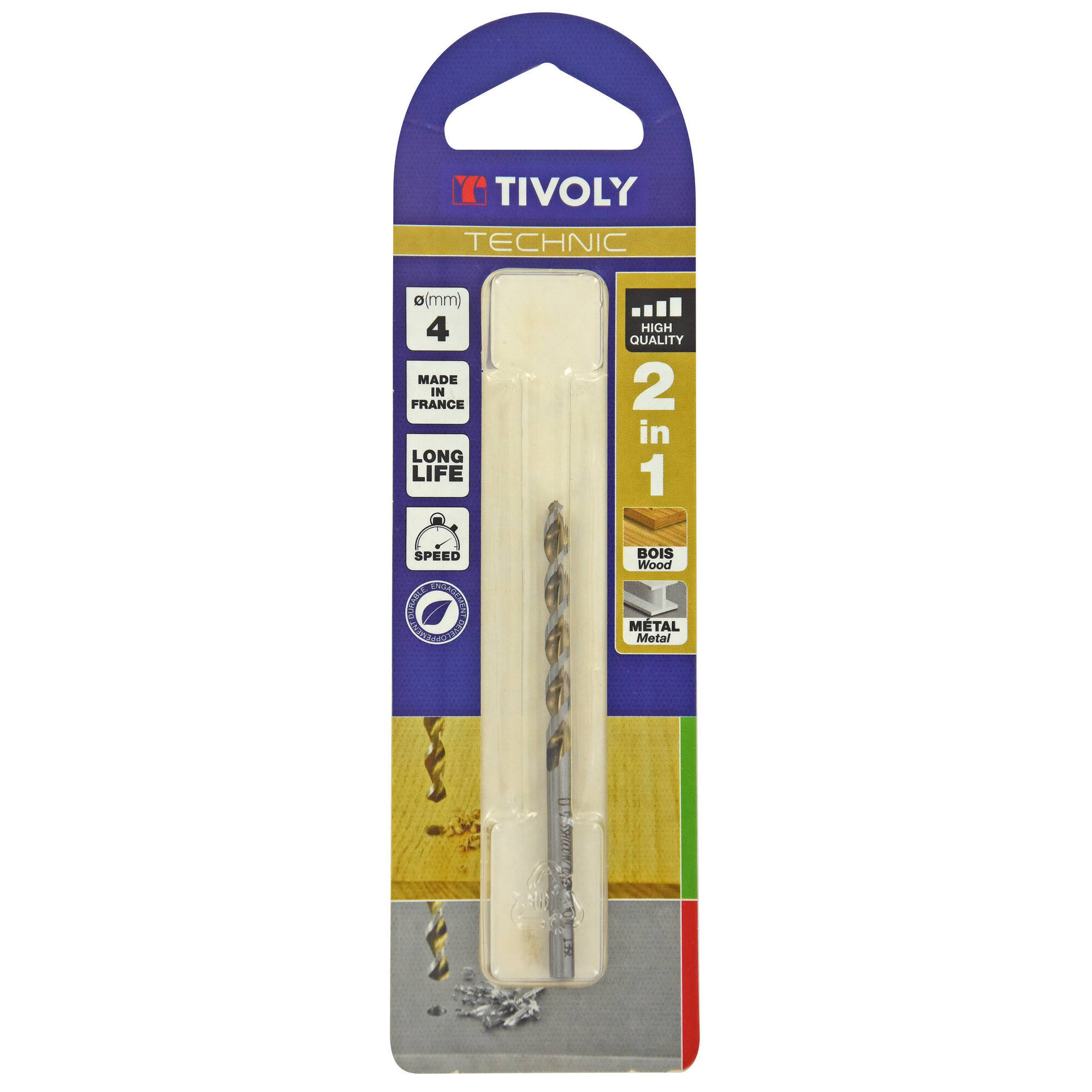 Ø: 4 / Broca 2 en 1 HSS para madera y metal -Punta en cruz -Ranuras de gran desalojo (Blíster) / L: 75