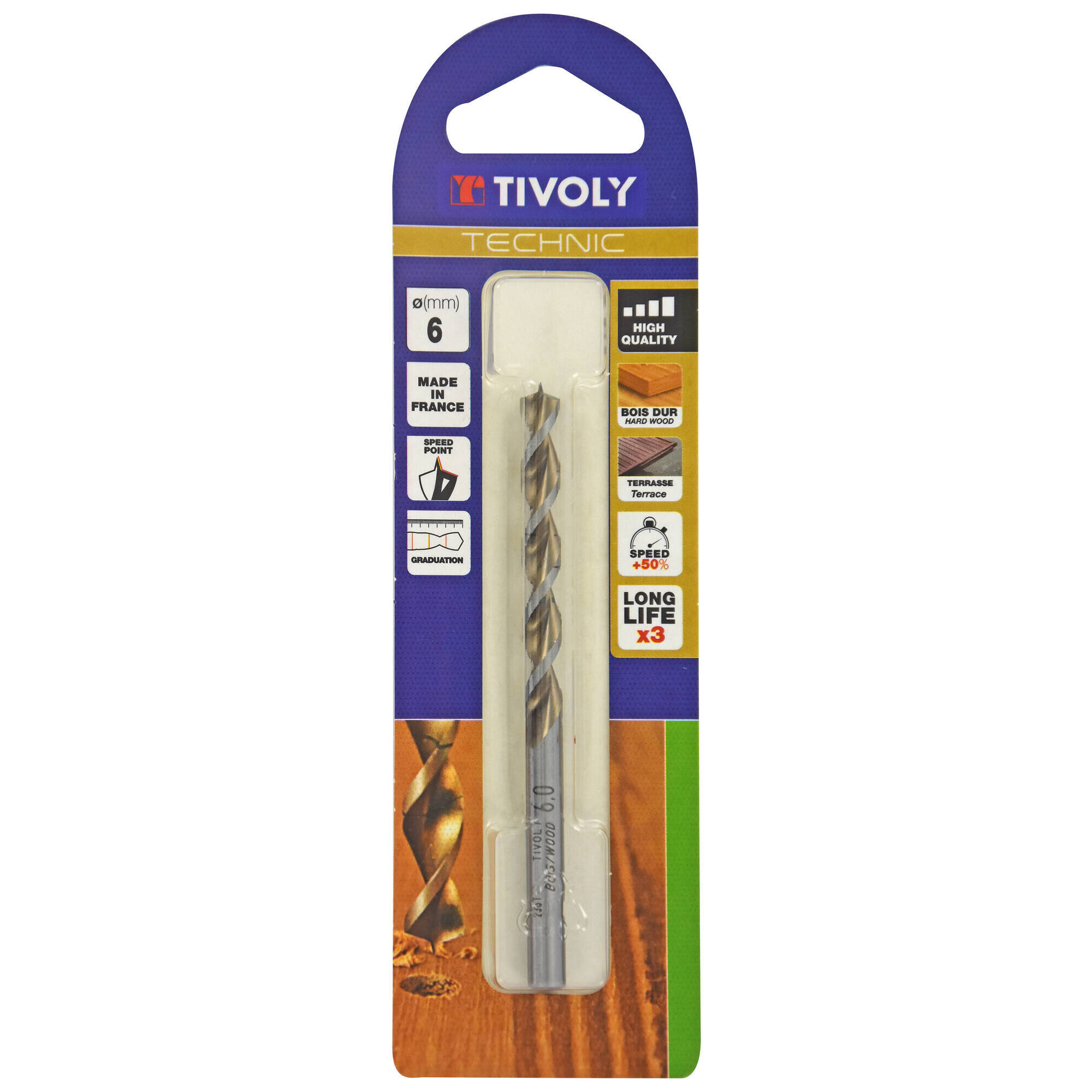 Ø: 6 / Broca para madera HSS -Afilado Speed point -Mango cilíndrico -Graduada SLR (Blíster) / L: 93