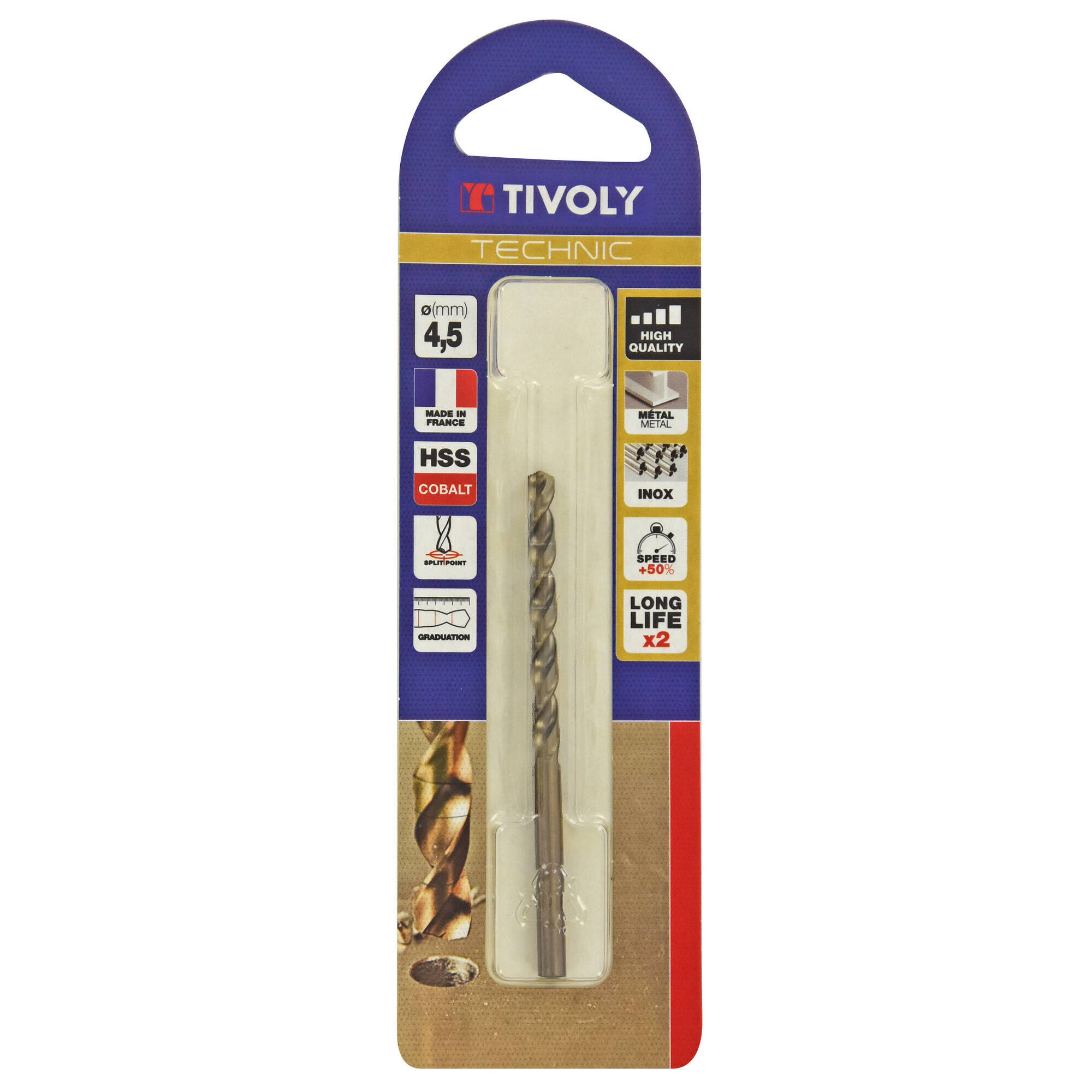 Ø: 4.5 / L: 80 / Broca para metal HSS-E5 (cobalto 5 %) -Afilado SPLIT POINT -Graduada SLR (Blíster)