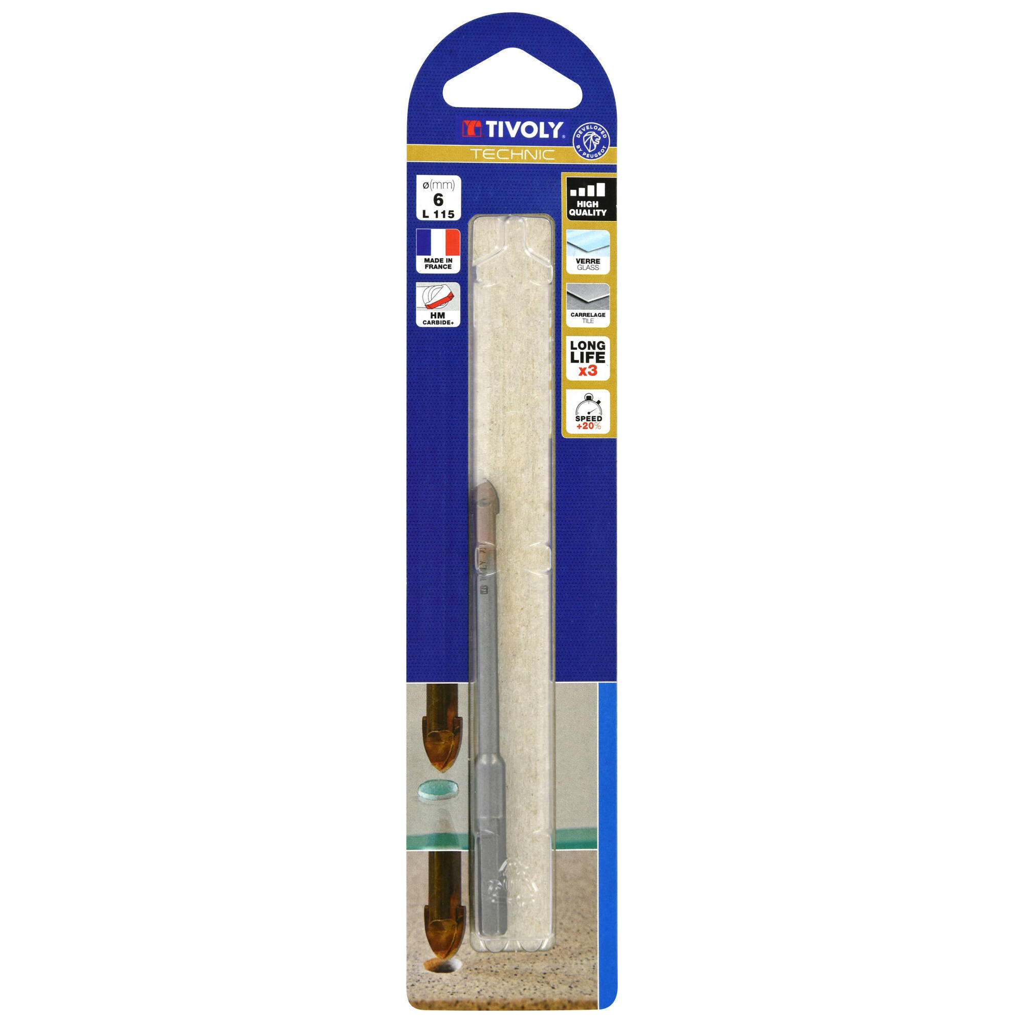 Ø: 6 / Broca para vidrio -Placa de Metal Duro HQ -Mango hexagonal reforzado (Blíster) / L: 115