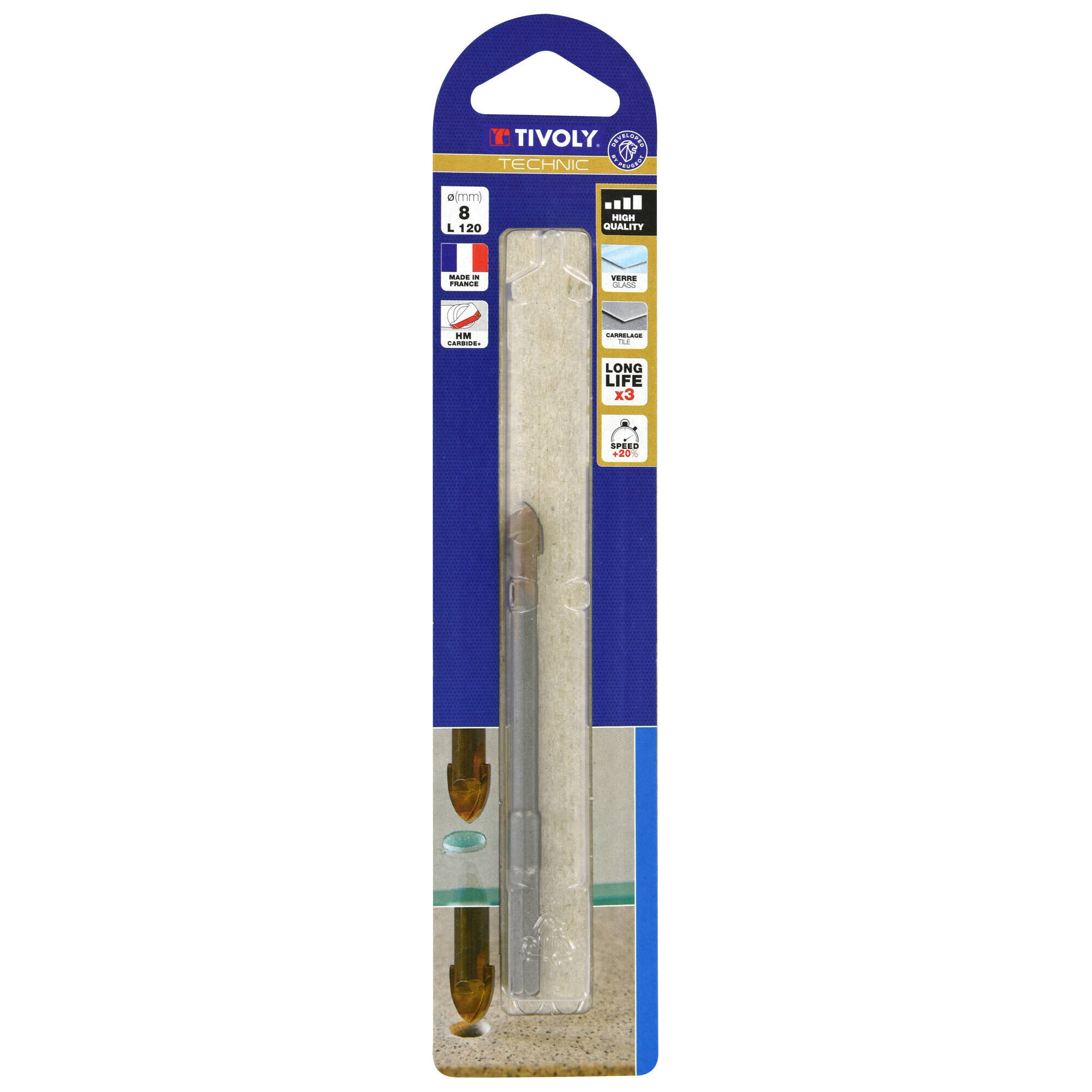 Ø: 8 / Broca para vidrio -Placa de Metal Duro HQ -Mango hexagonal reforzado (Blíster) / L: 120