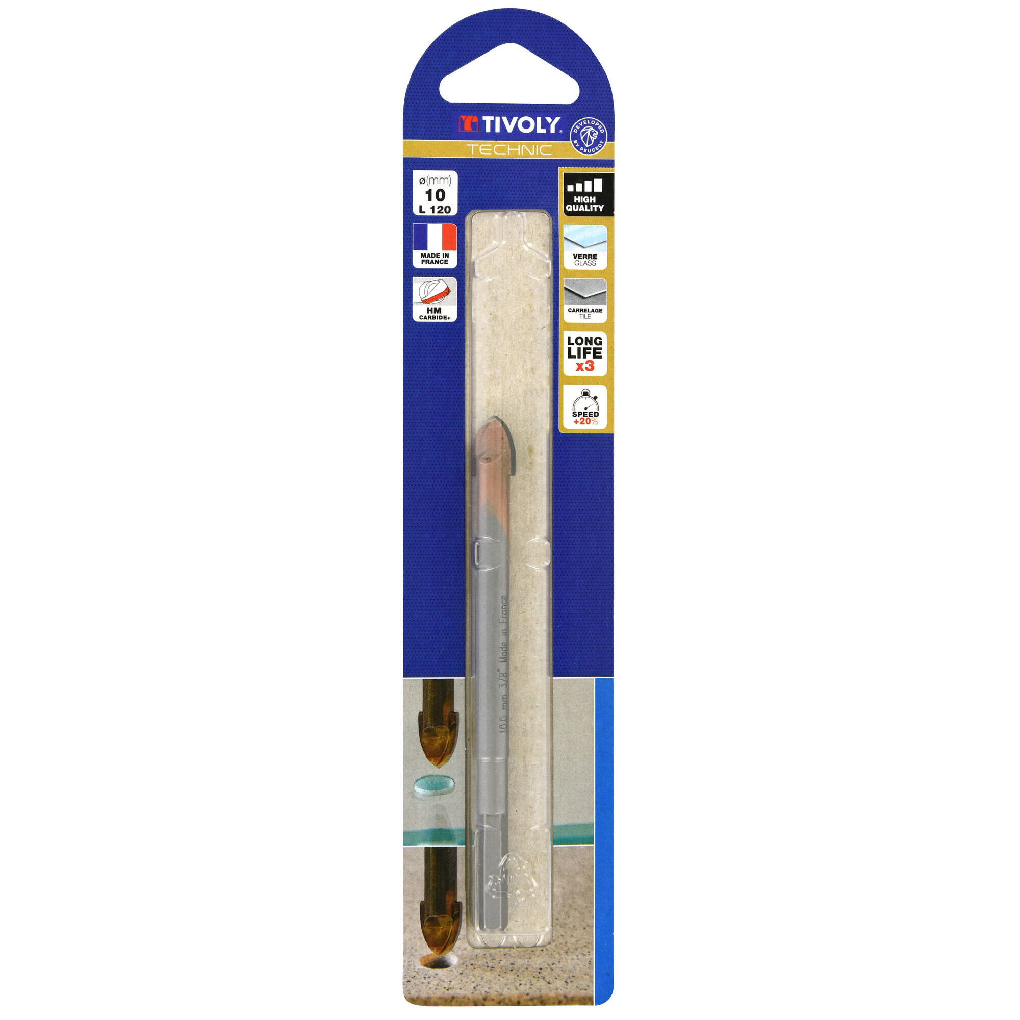 Ø: 10 / Broca para vidrio -Placa de Metal Duro HQ -Mango hexagonal reforzado (Blíster) / L: 120