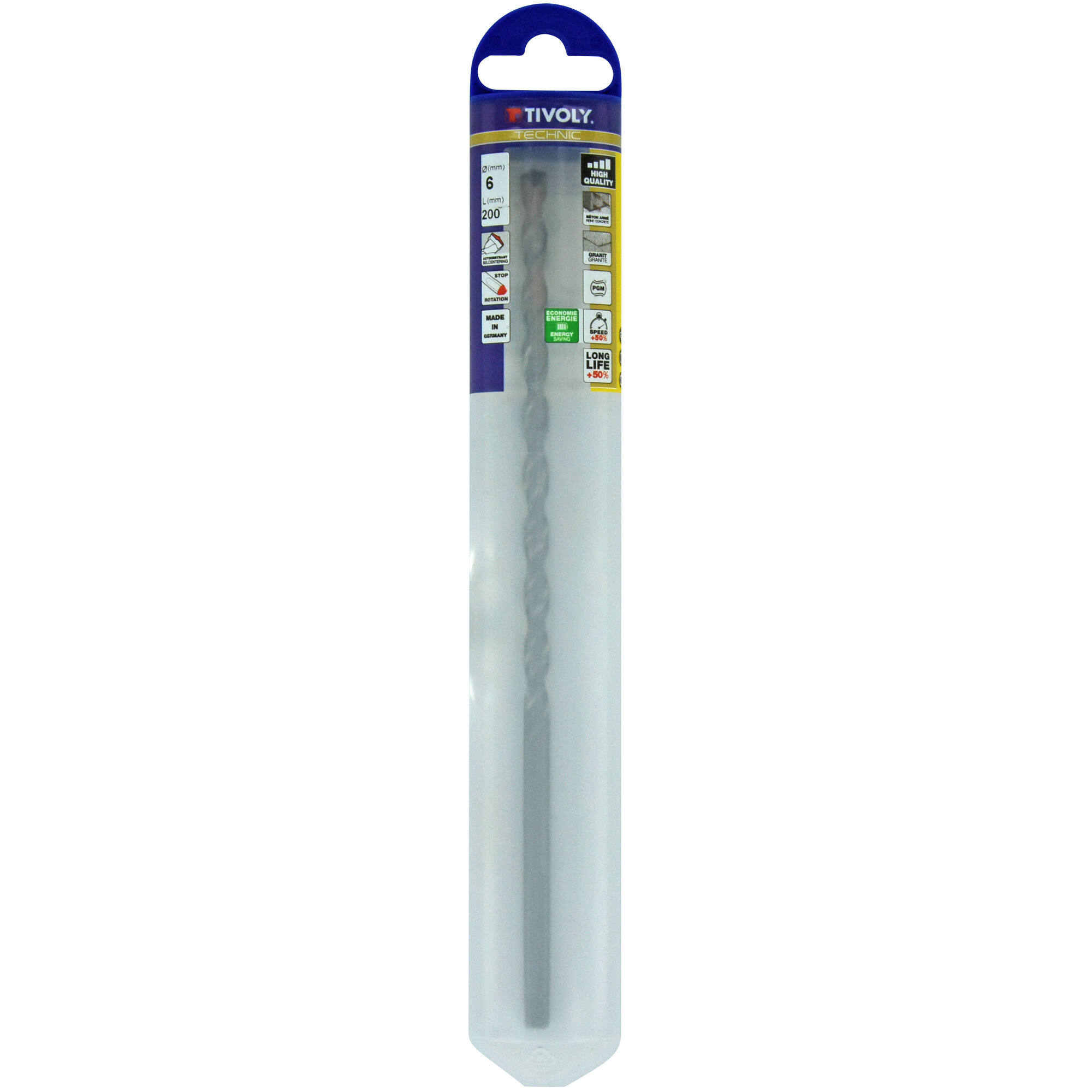 Ø: 6 / Broca para hormigón L. 200 mm -Placa de Metal Duro con punta de centrado -Mango cilíndrico de 3 caras planas (Blíster) / L: 200