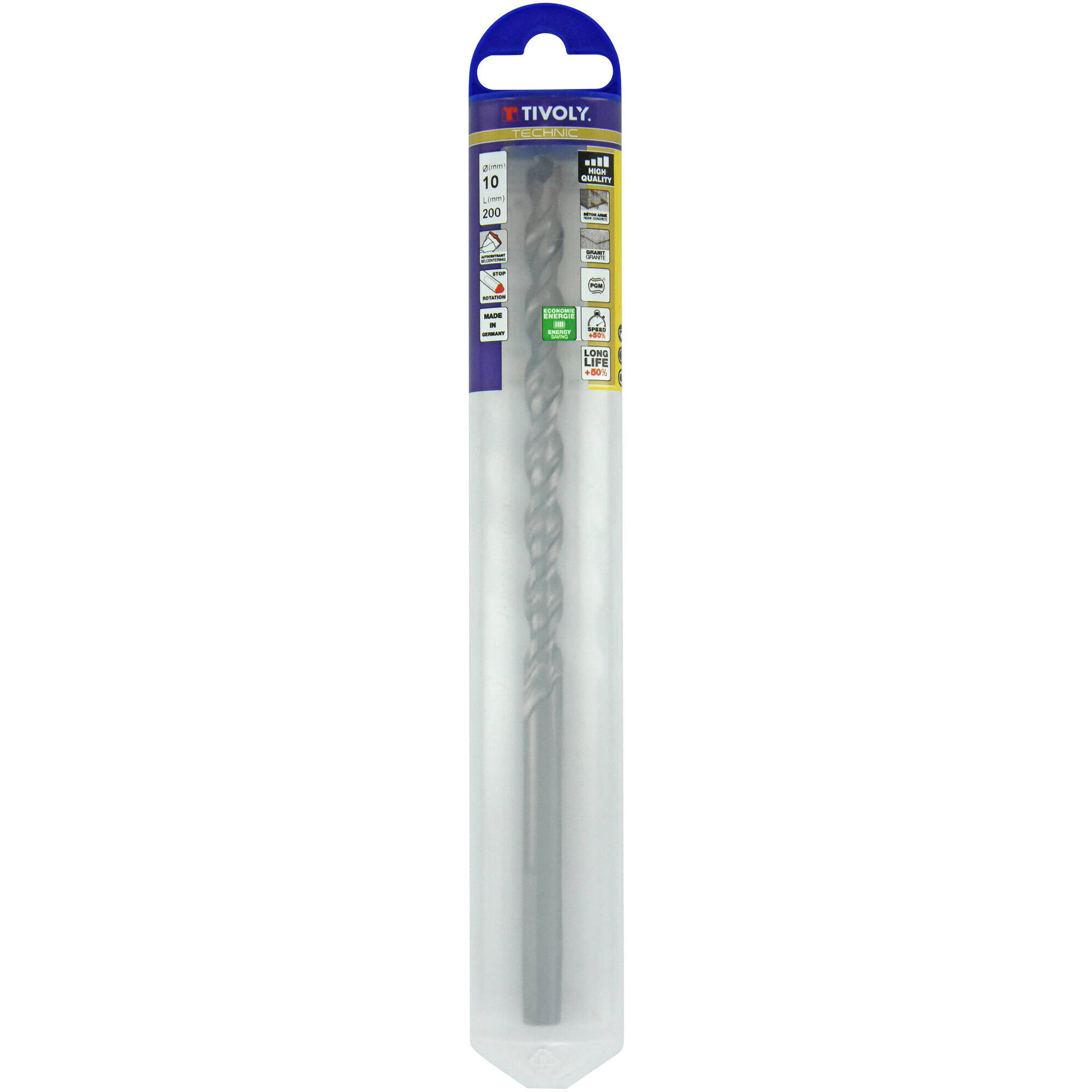 Ø: 10 / Broca para hormigón L. 200 mm -Placa de Metal Duro con punta de centrado -Mango cilíndrico de 3 caras planas (Blíster) / L: 200