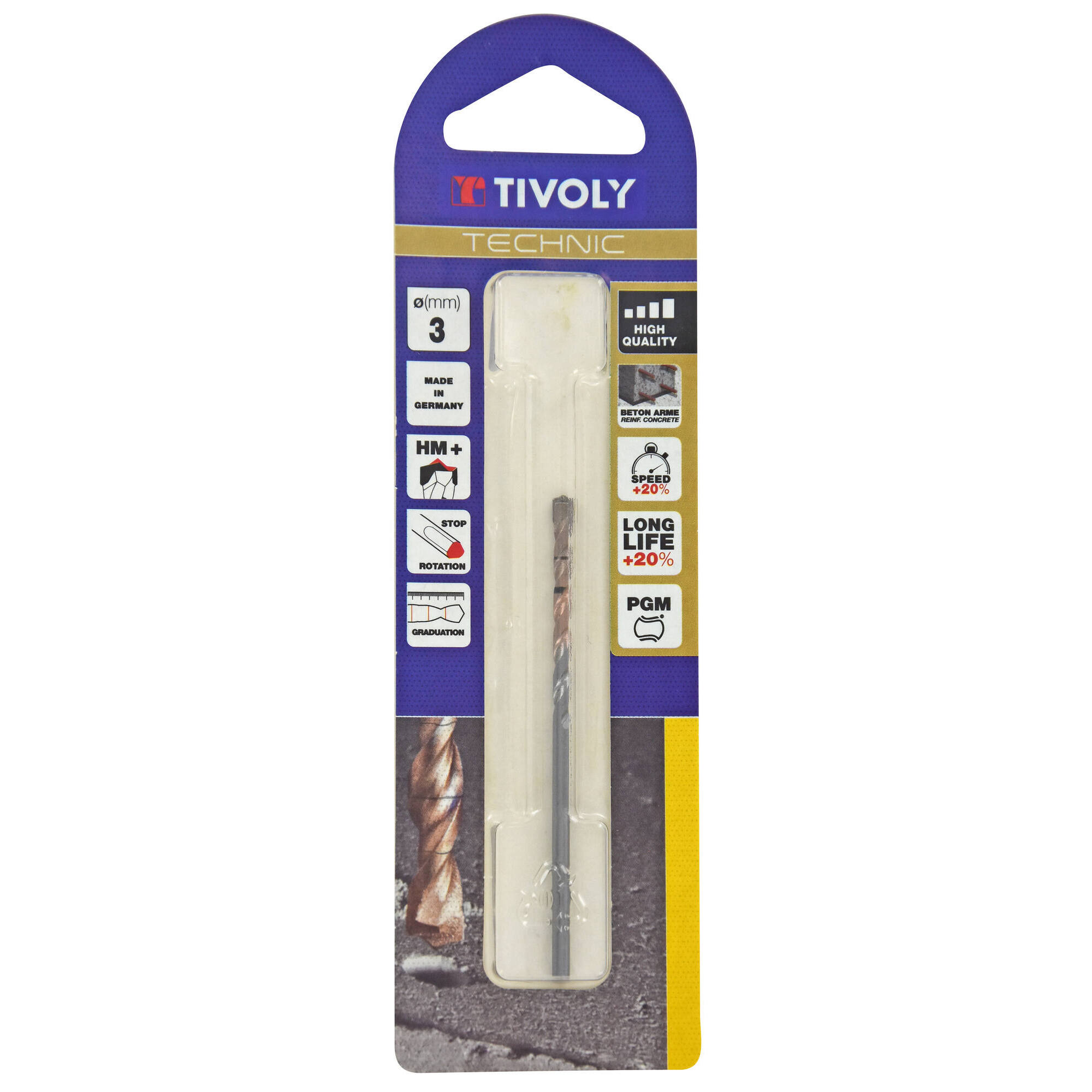 Ø: 3 / Broca para hormigón -Placa de Metal Duro con punta de centrado -Mango cilíndrico de 3 caras planas (Blíster) / L: 60