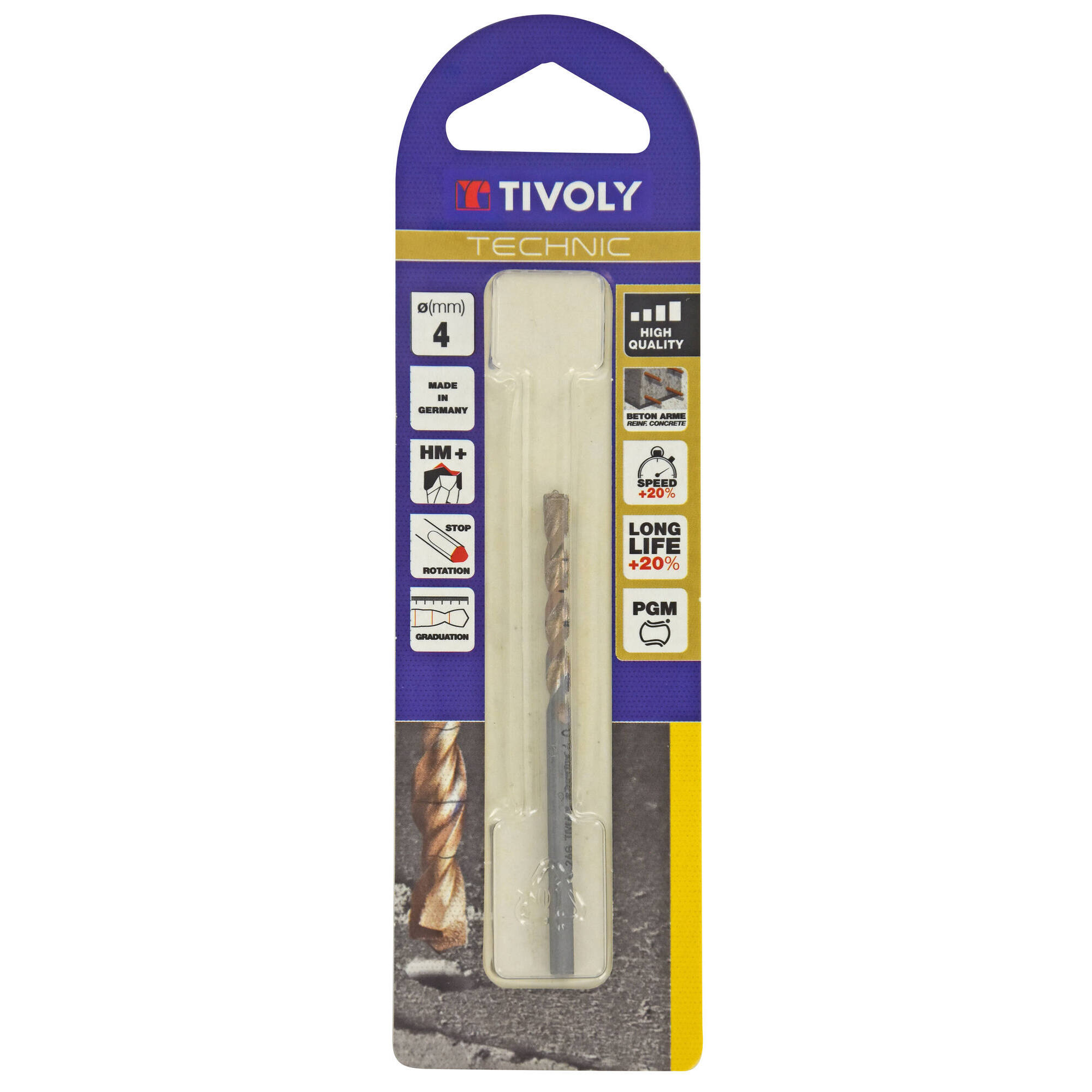 Ø: 4 / Broca para hormigón -Placa de Metal Duro con punta de centrado -Mango cilíndrico de 3 caras planas (Blíster) / L: 75