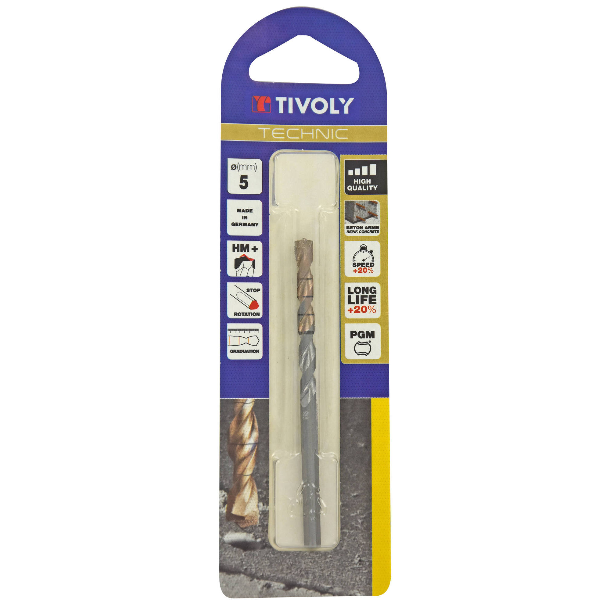 Ø: 5 / Broca para hormigón -Placa de Metal Duro con punta de centrado -Mango cilíndrico de 3 caras planas (Blíster) / L: 85