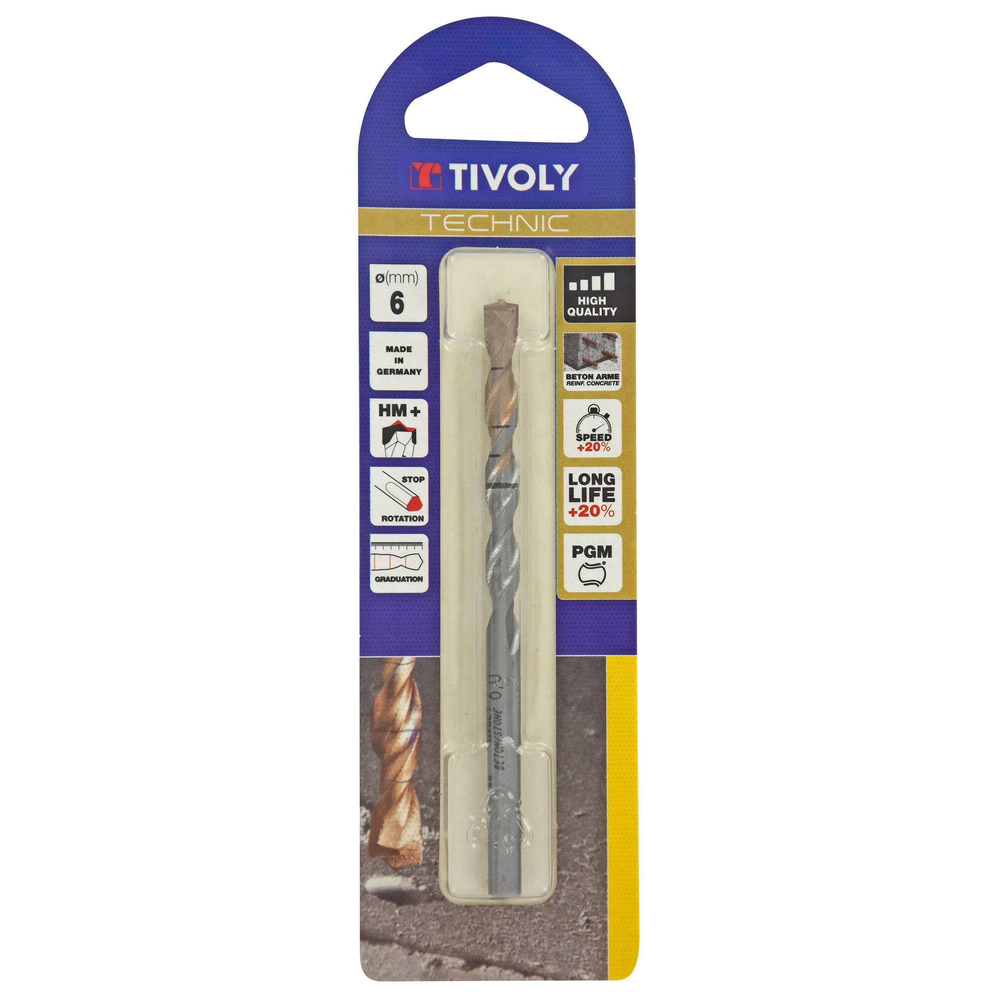 Ø: 6 / Broca para hormigón -Placa de Metal Duro con punta de centrado -Mango cilíndrico de 3 caras planas (Blíster) / L: 100