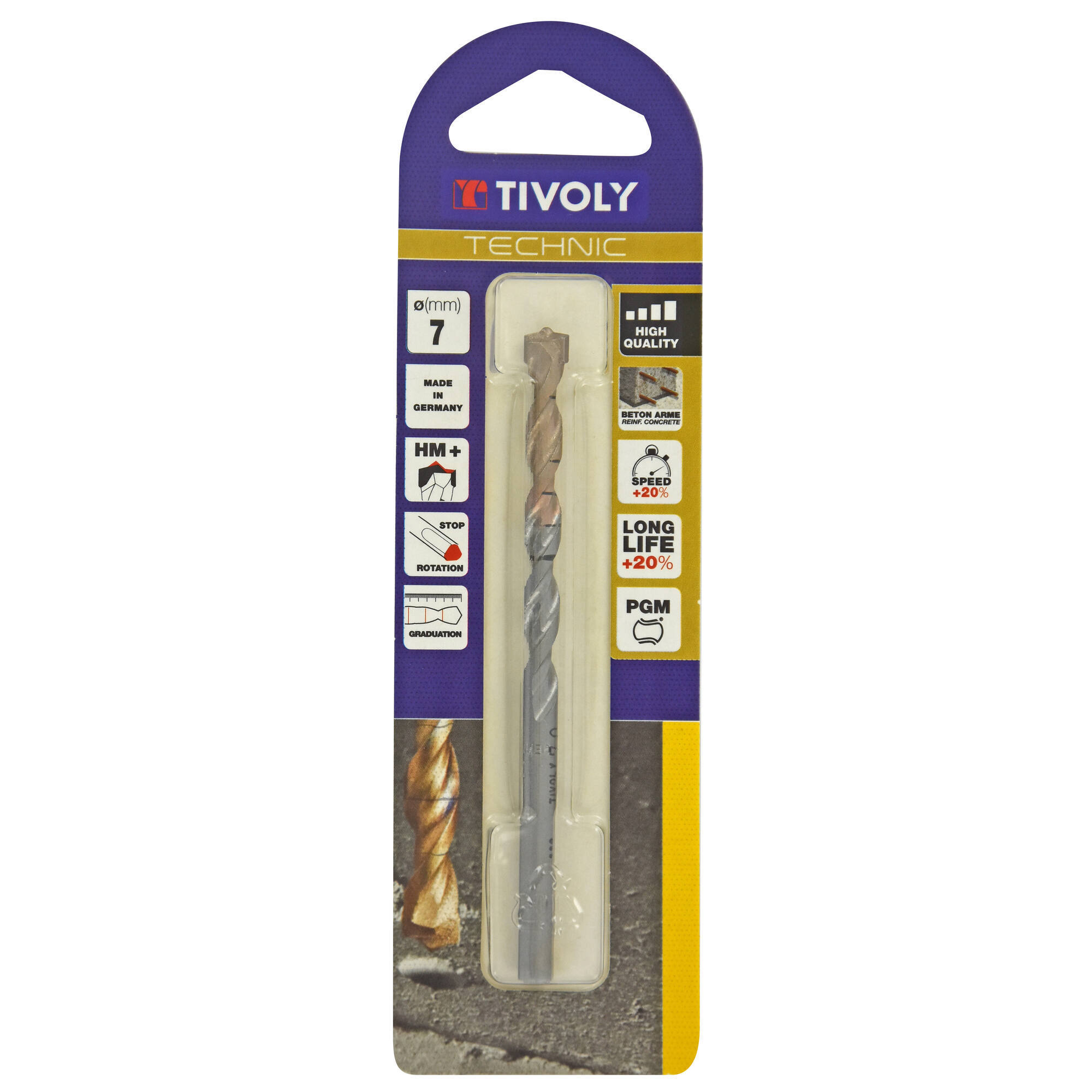 Ø: 7 / Broca para hormigón -Placa de Metal Duro con punta de centrado -Mango cilíndrico de 3 caras planas (Blíster) / L: 100