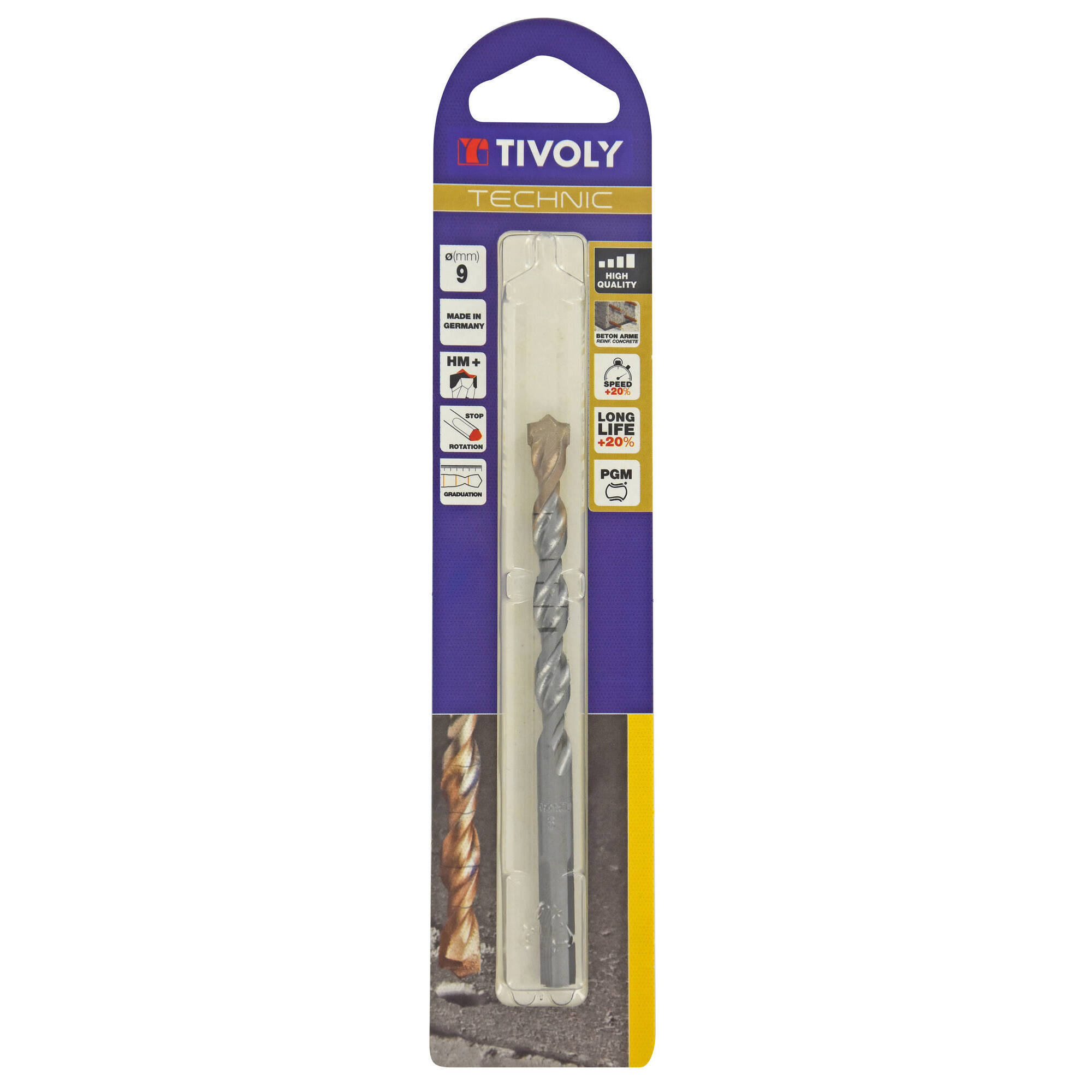 Ø: 9 / Broca para hormigón -Placa de Metal Duro con punta de centrado -Mango cilíndrico de 3 caras planas (Blíster) / L: 120