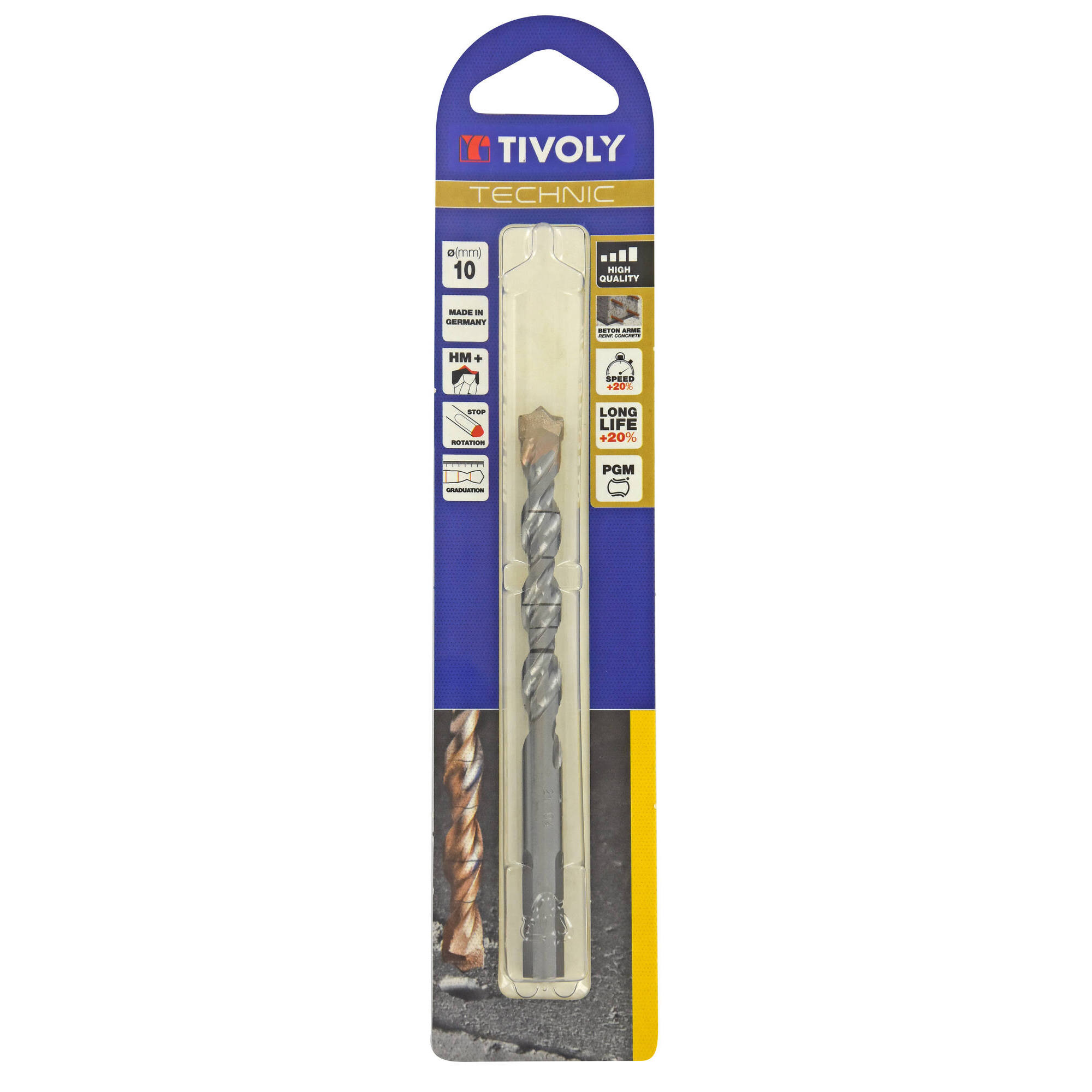 Ø: 10 / Broca para hormigón -Placa de Metal Duro con punta de centrado -Mango cilíndrico de 3 caras planas (Blíster) / L: 120