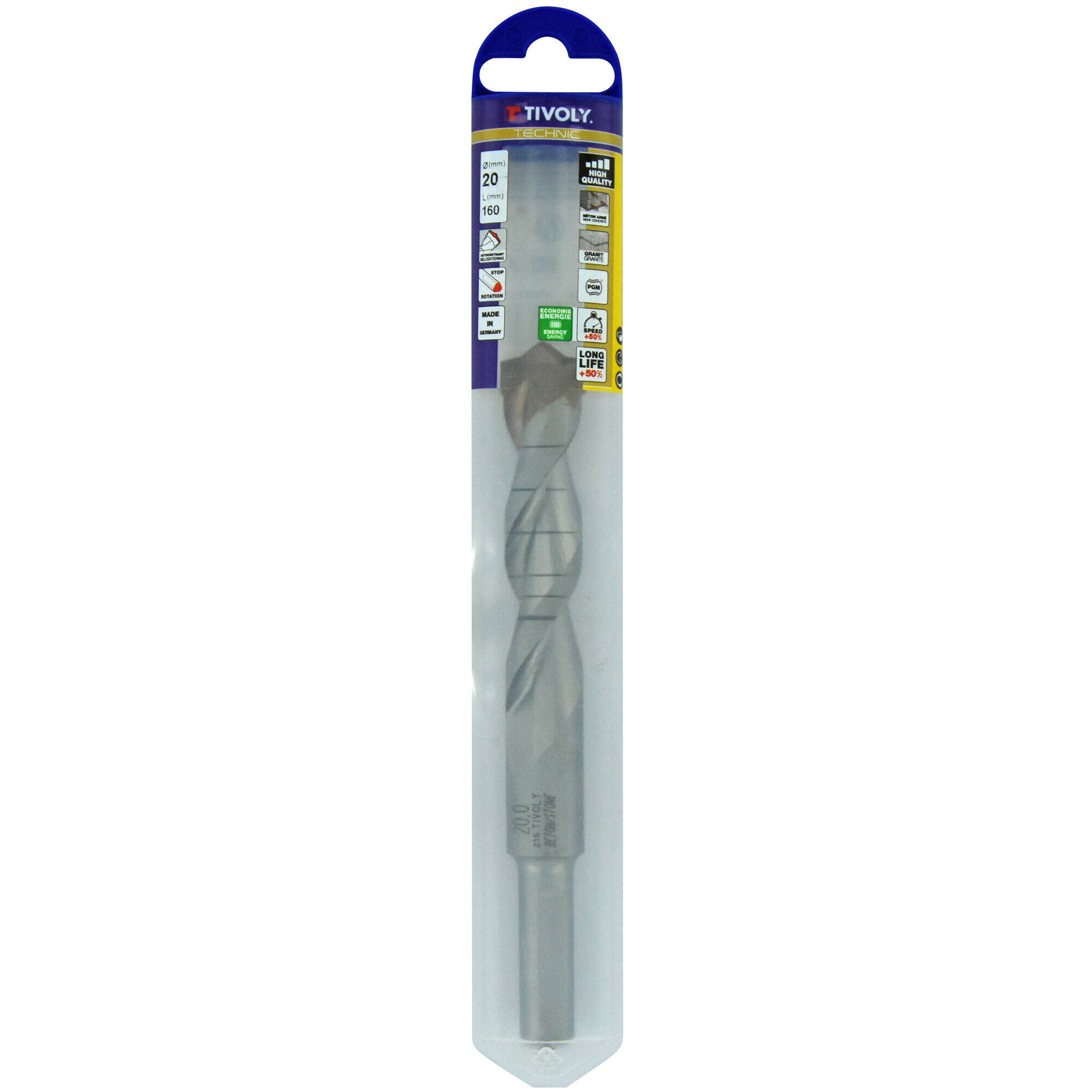 Ø: 20 / Broca para hormigón -Placa de Metal Duro con punta de centrado -Mango cilíndrico de 3 caras planas (Blíster) / L: 160