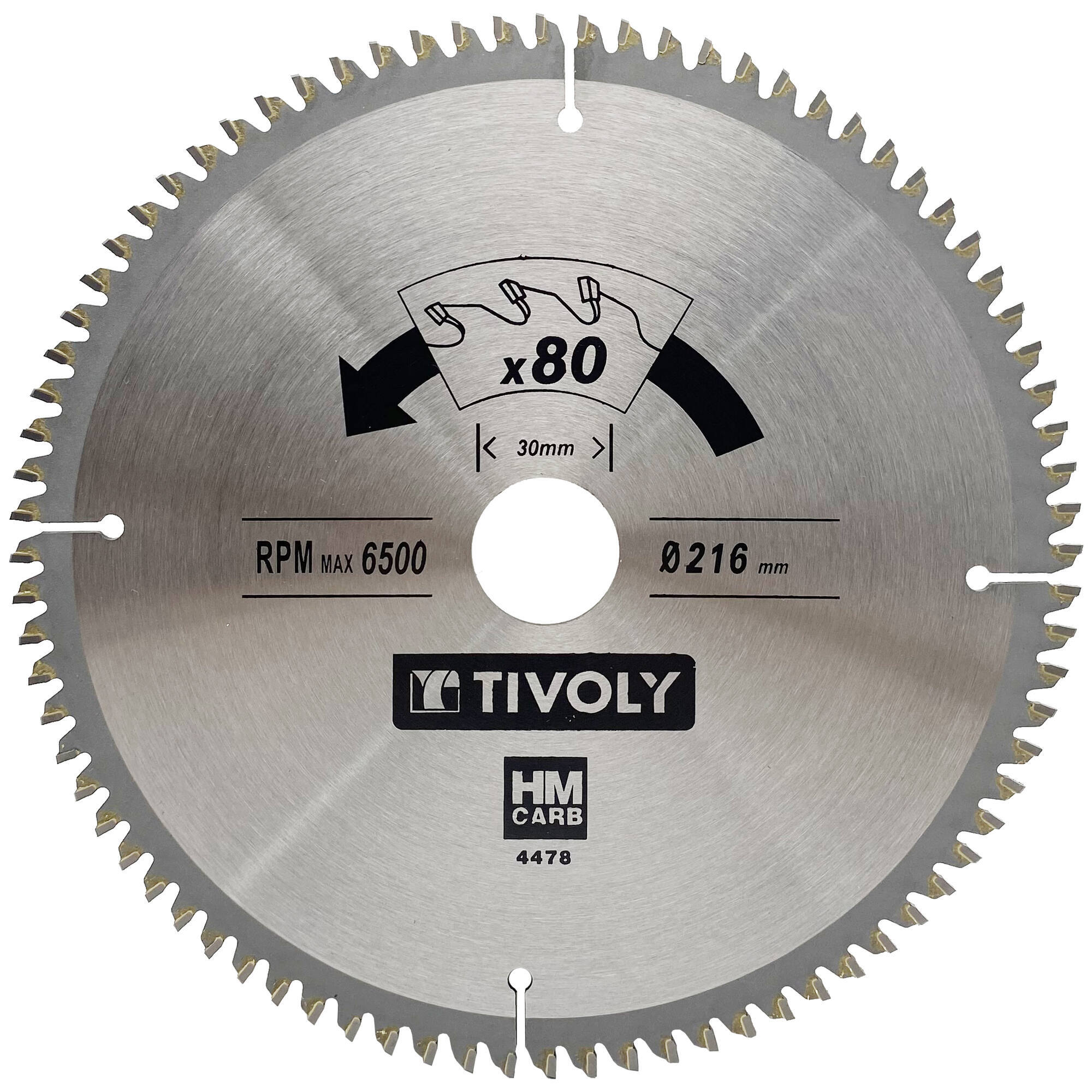 Ø: 216 x Ø2: 30 x Z: 80 / Hoja de sierra circular -Acabado -Para madera dura, estratificada y parqué -Uso en sierra radial (Funda cartón)
