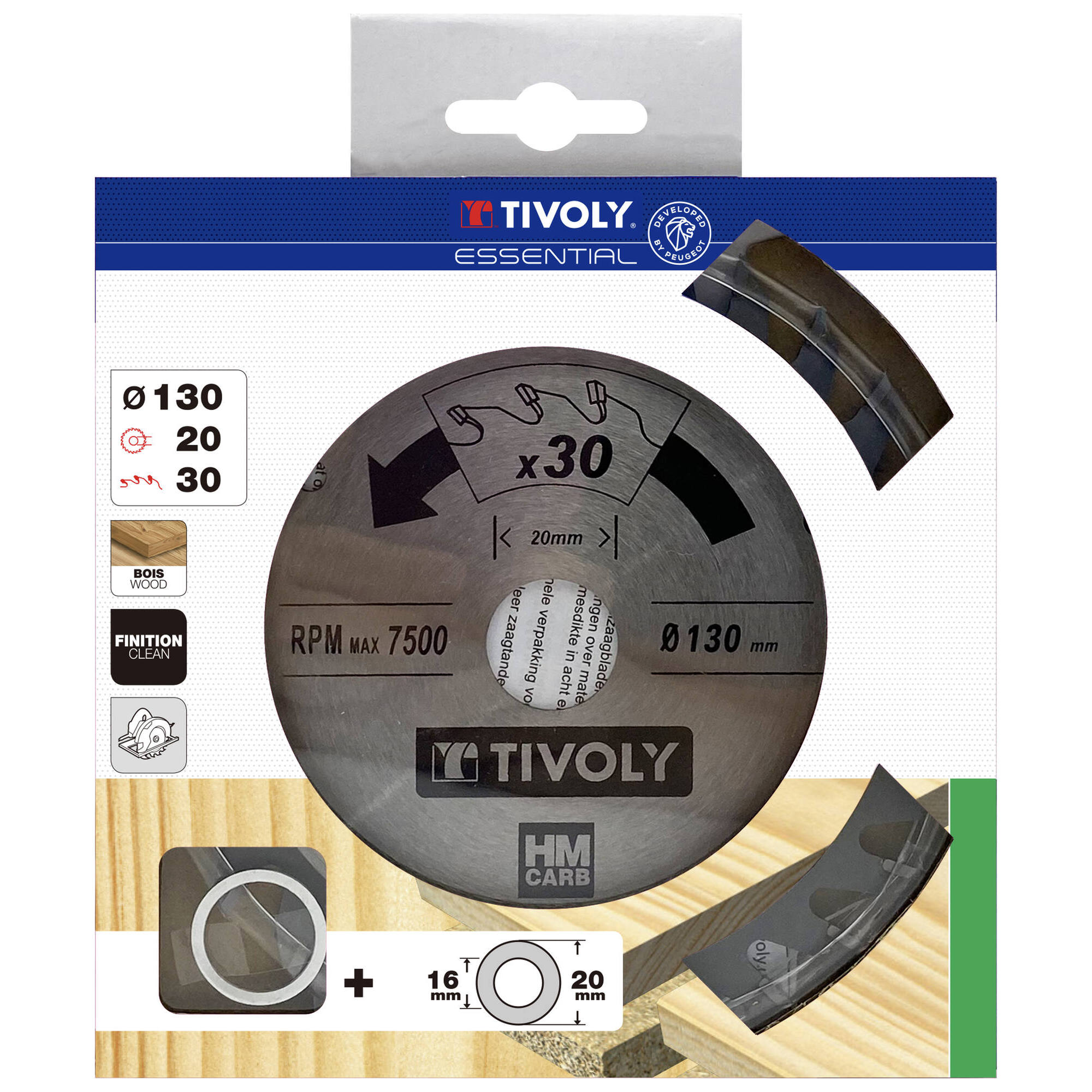 Ø: 130 x Ø2: 20 x Z: 30 / Hojas de sierra circular -Acabado -Para madera dura, estratificada y parqué -Uso en sierra portátil (Funda cartón)