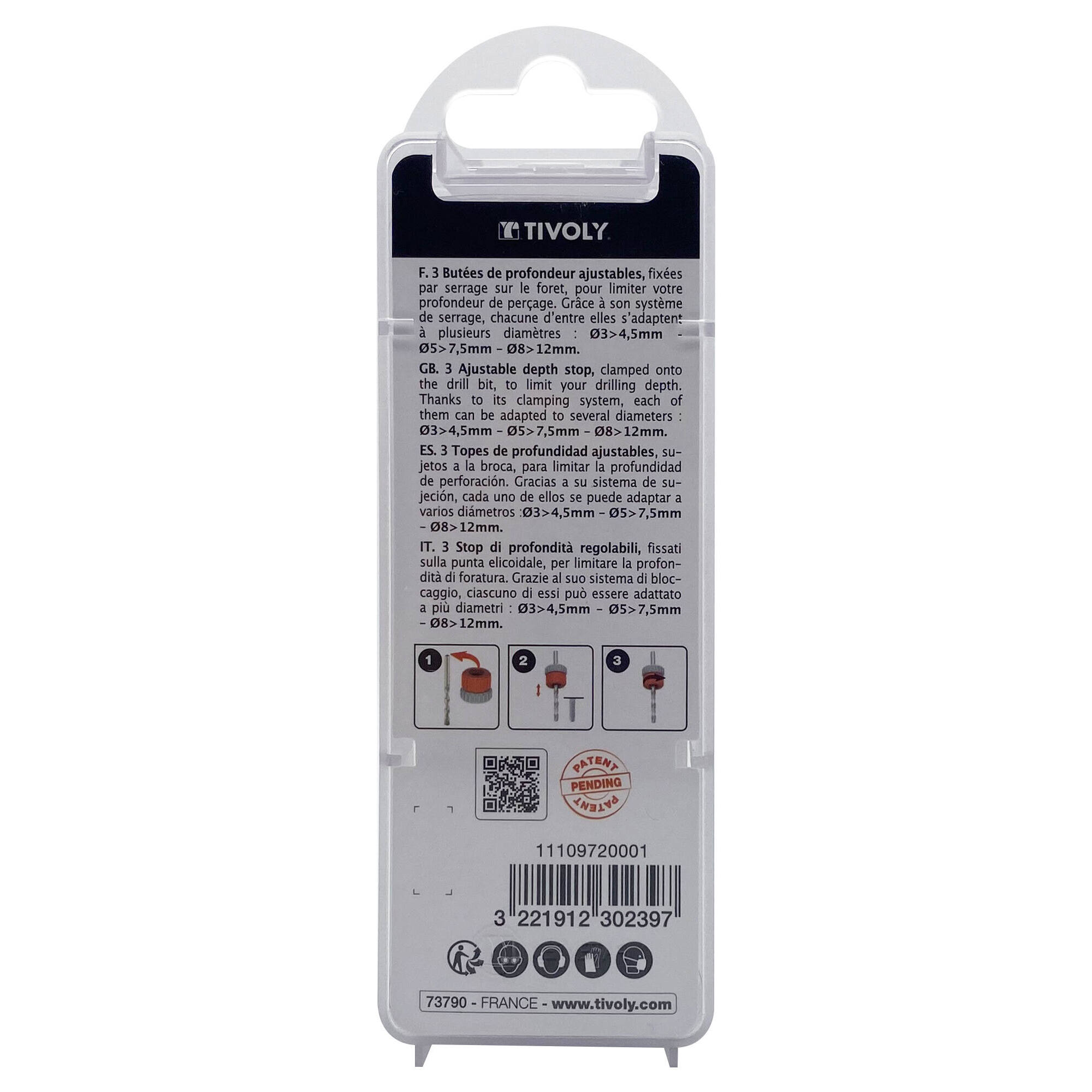 3 topes de profundidad regulables para brocas Ø3-4,5/5-7,5/8-12 mm