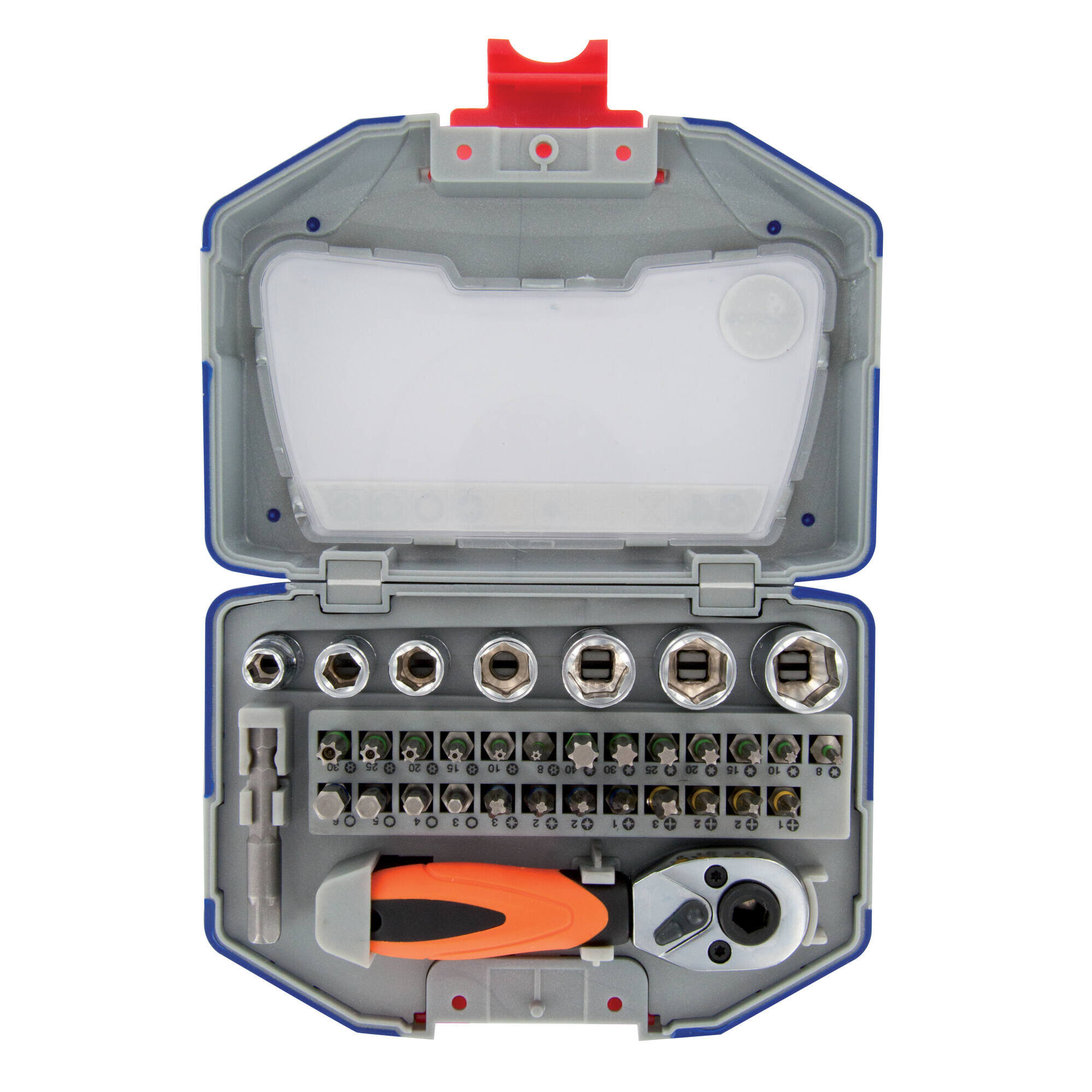 34 piezas -19 puntas torsión + 7 llaves de vaso + 1 adaptador de vaso + 1 mango de atornillado