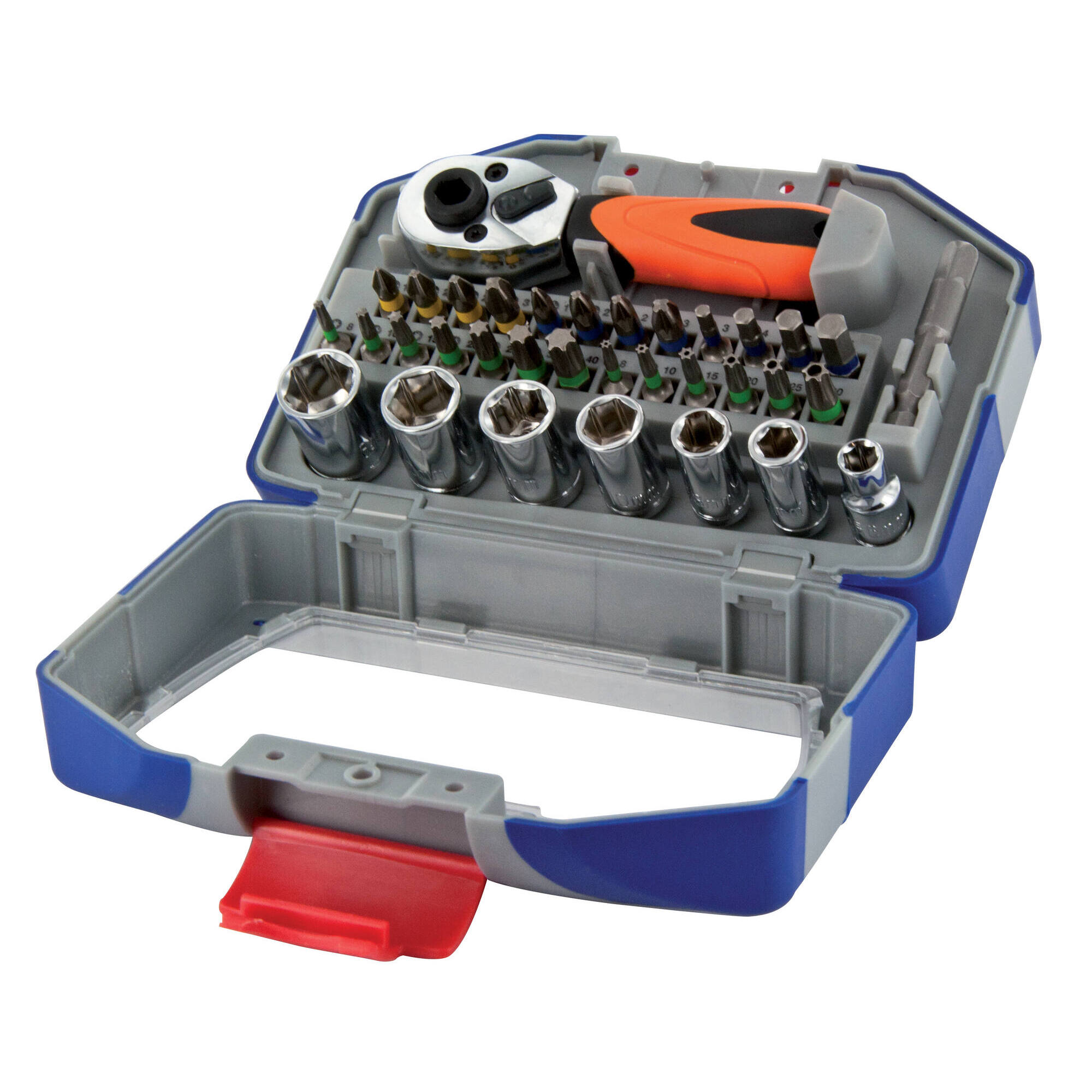 34 piezas -19 puntas torsión + 7 llaves de vaso + 1 adaptador de vaso + 1 mango de atornillado