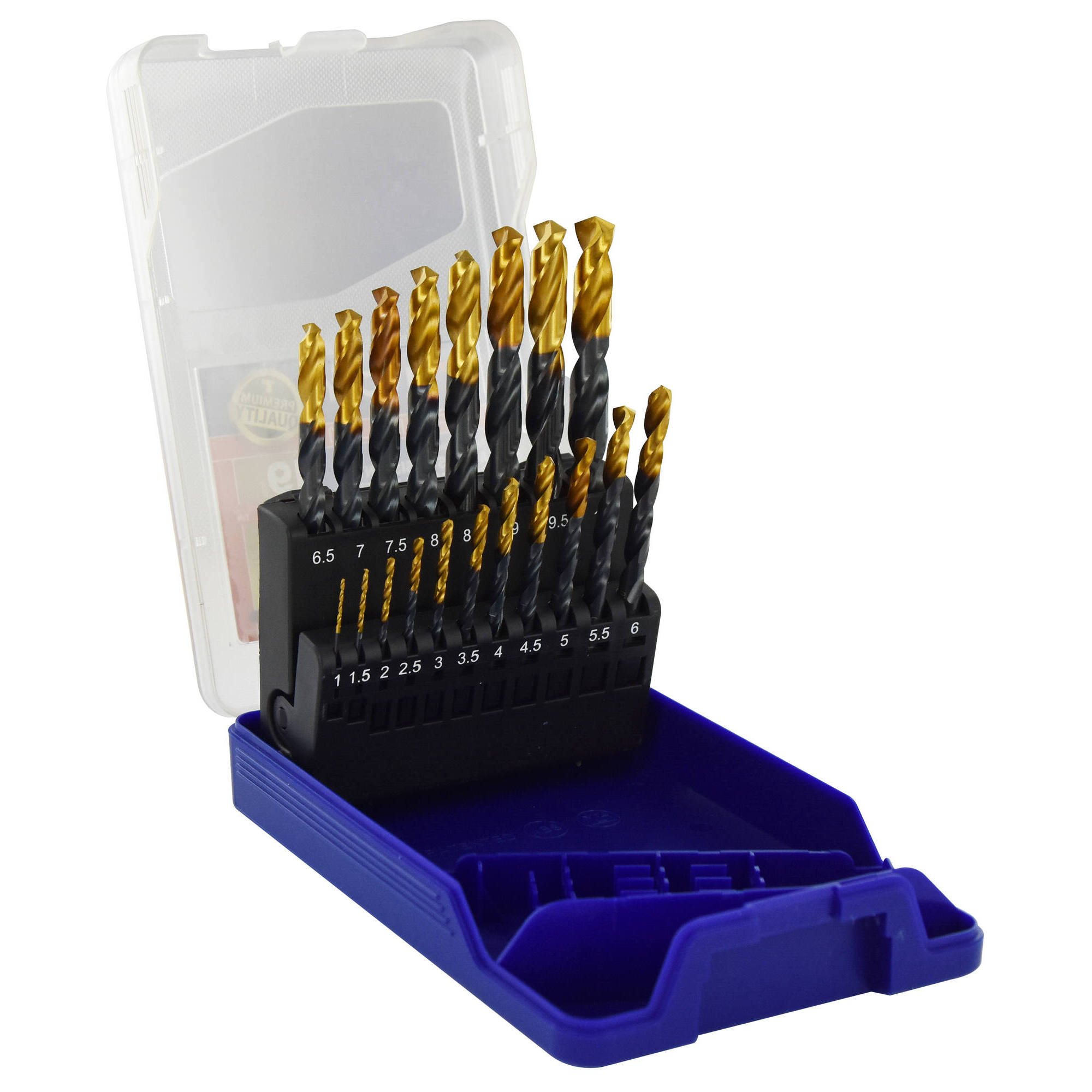 11453170015 - 19 brocas para metal HSS STEAM rectificadas con recubrimiento TiN punta en cruz mango de 3 caras Ø 1 a 10 mm