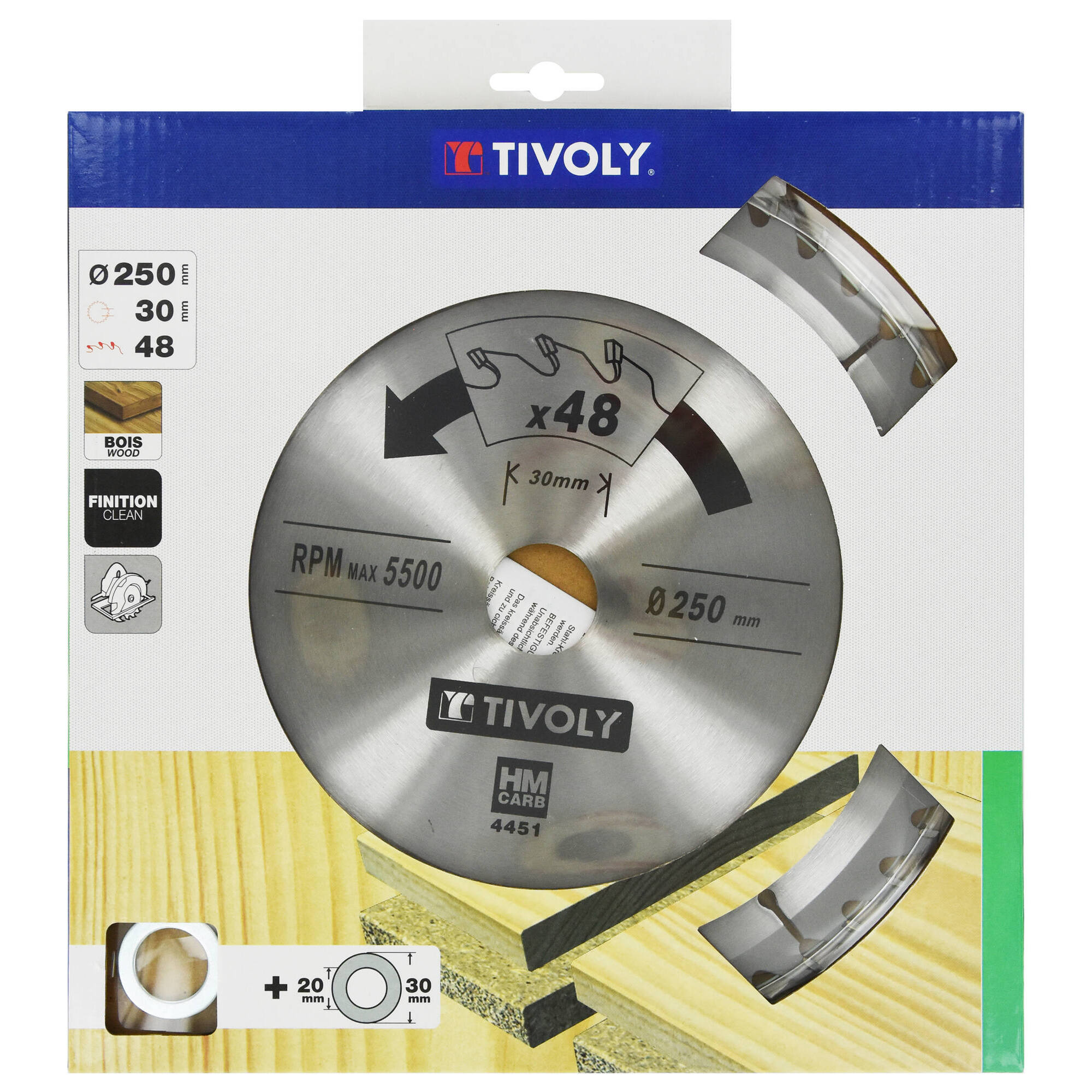 Ø: 250 x Ø2: 30 x Z: 48 / Hojas de sierra circular -Acabado -Para madera dura, estratificada y parqué -Uso en sierra portátil (Funda cartón)