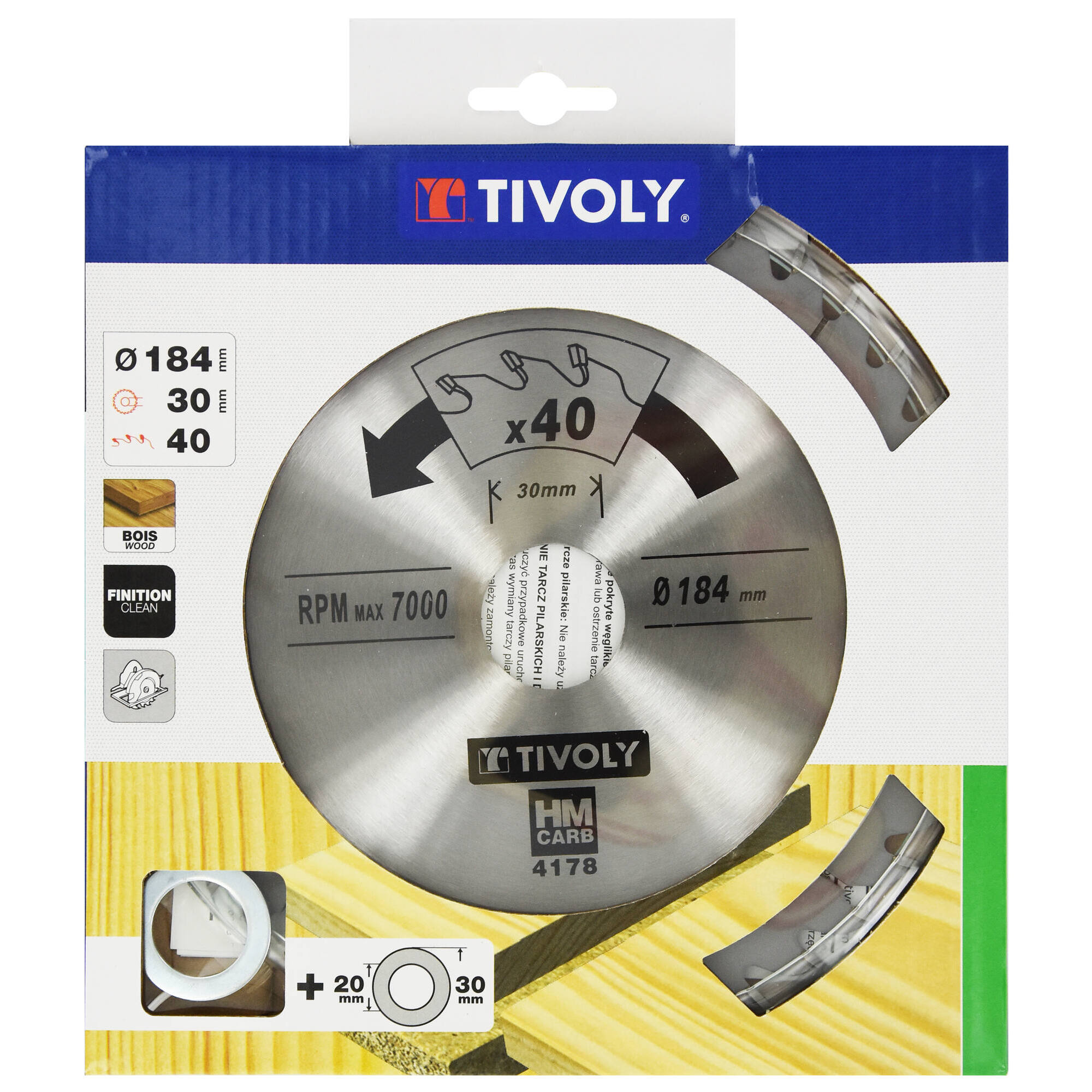 Ø: 184 x Ø2: 30 x Z: 40 / Hojas de sierra circular -Acabado -Para madera dura, estratificada y parqué -Uso en sierra portátil (Funda cartón)