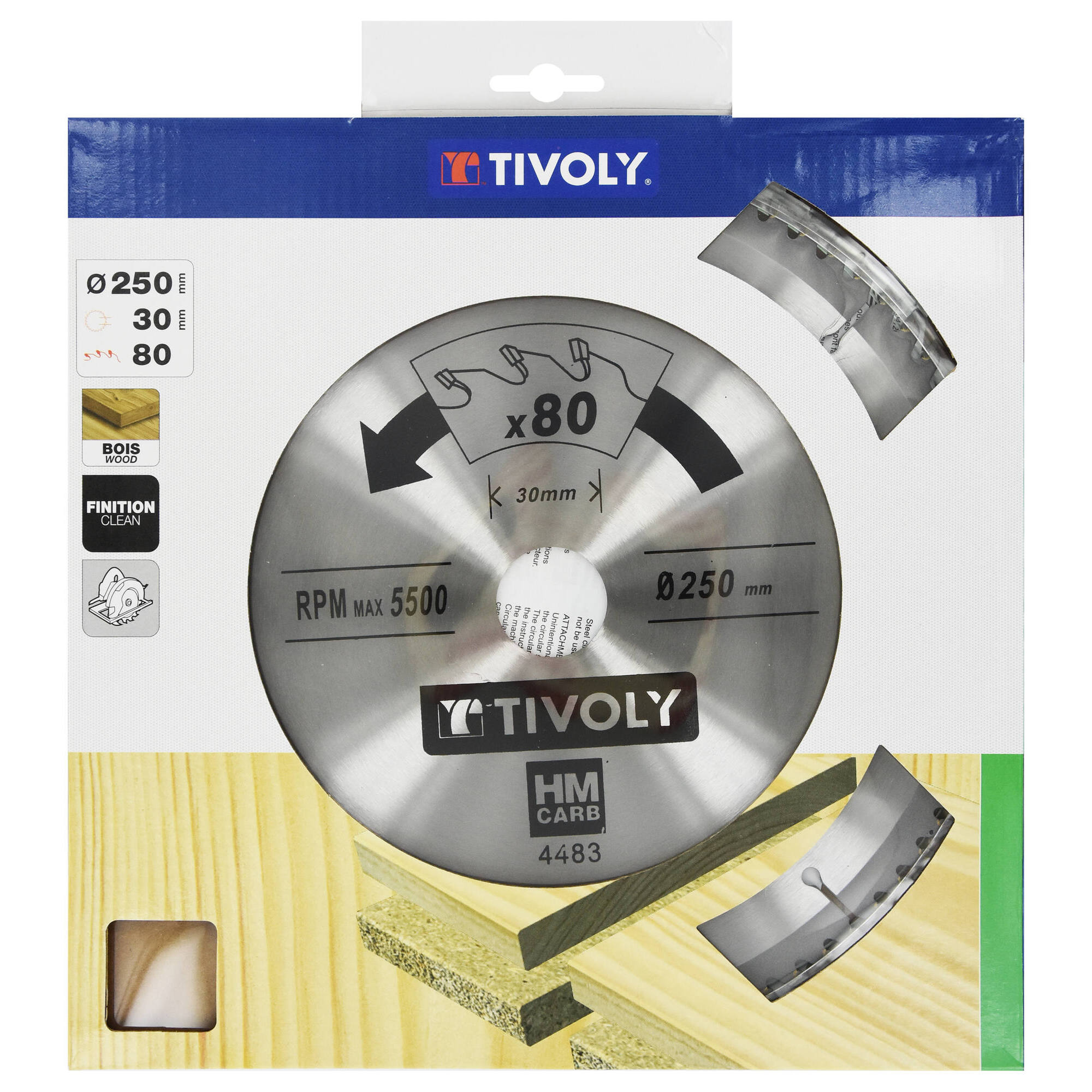 Ø: 250 x Ø2: 30 x Z: 80 / Hoja de sierra circular -Acabado -Para madera dura, estratificada y parqué -Uso en sierra de mesa (Funda cartón)